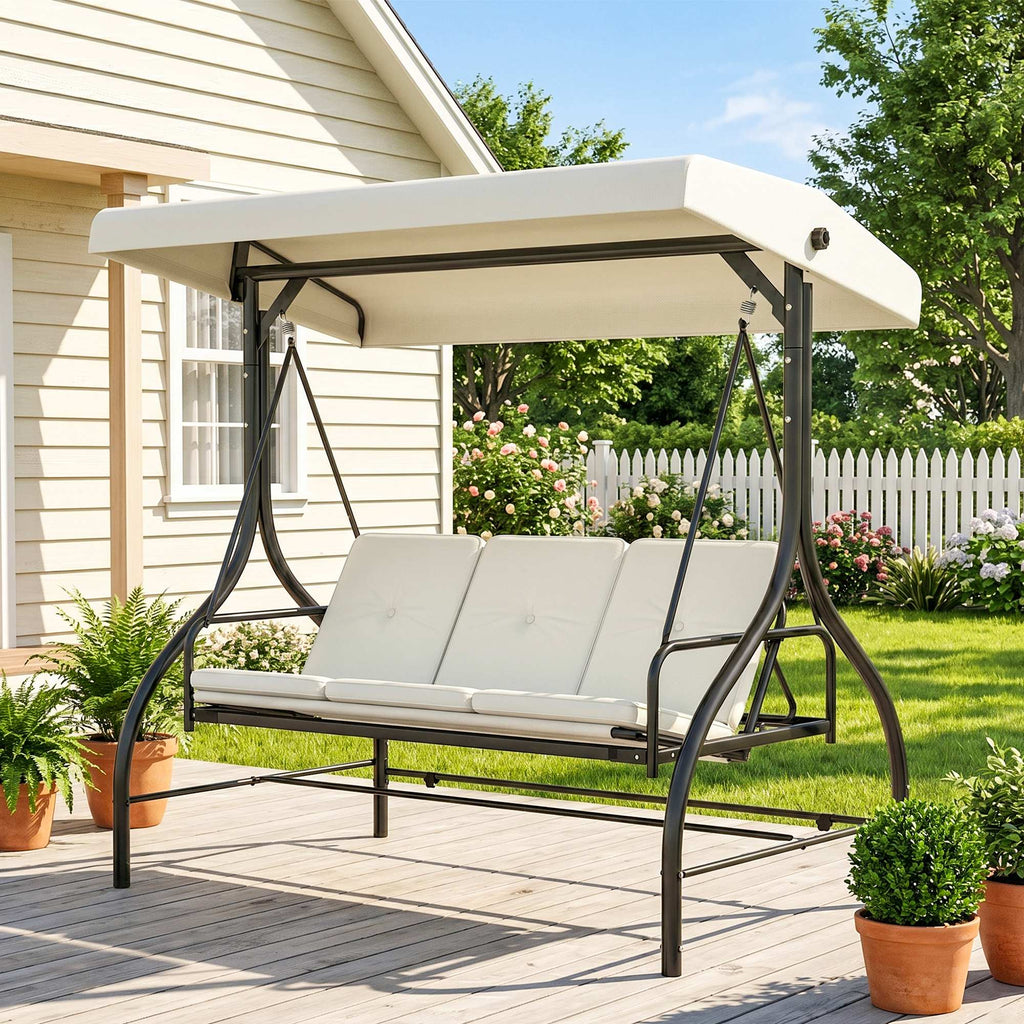 Convertible Patio Swing Bed with Canopy and Cushions, 3 Seater Porch Swing for Outdoor, Backyard, Garden, Cream White