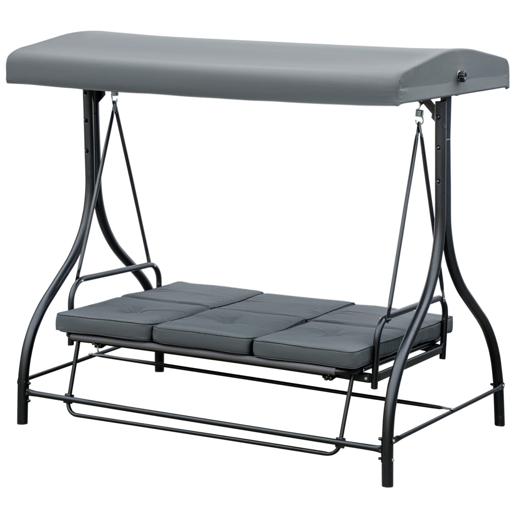 Convertible Patio Swing Bed with Canopy and Cushions, 3 Seater Porch Swing for Outdoor, Backyard, Garden, Dark Grey