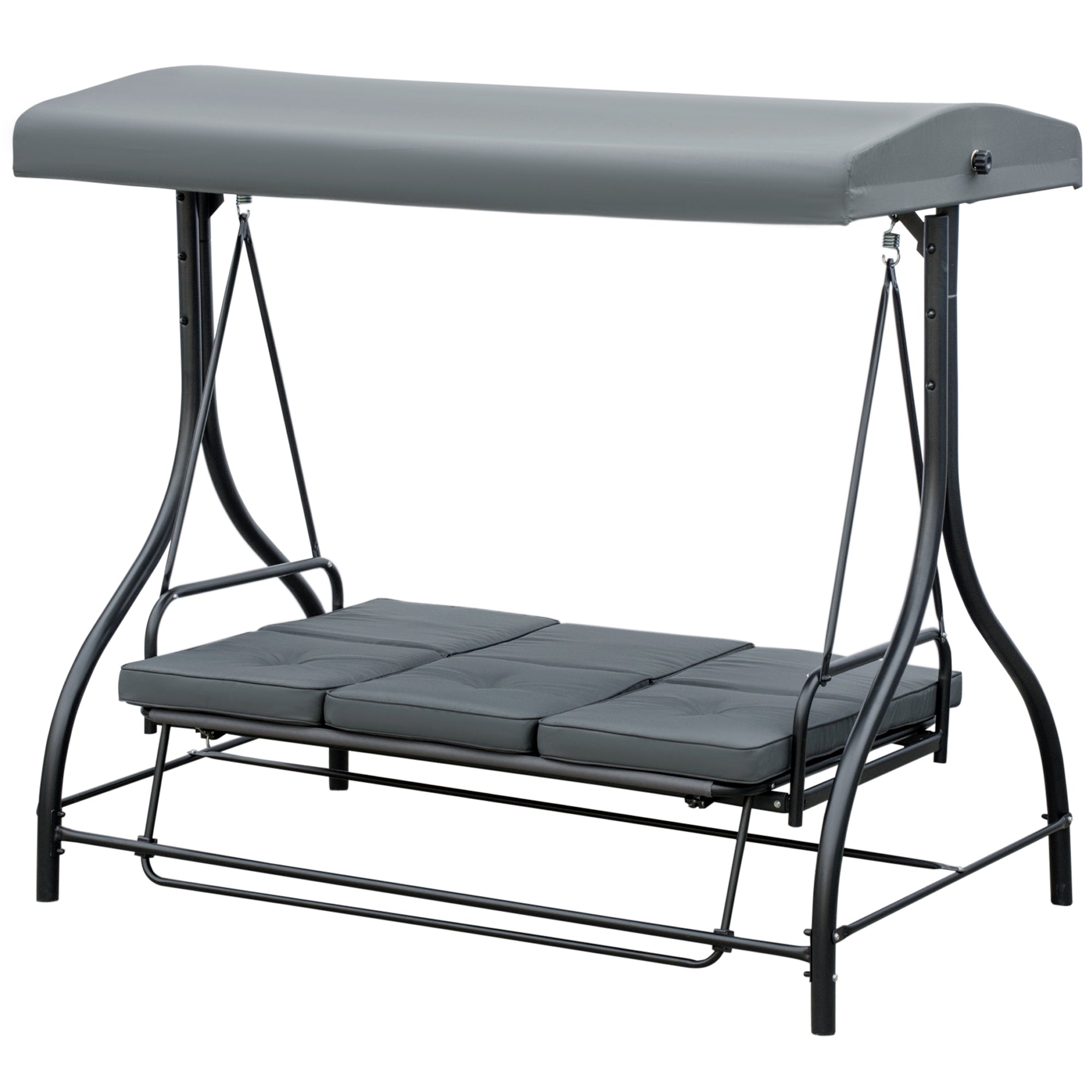 Convertible Patio Swing Bed with Canopy and Cushions, 3 Seater Porch Swing for Outdoor, Backyard, Garden, Dark Grey