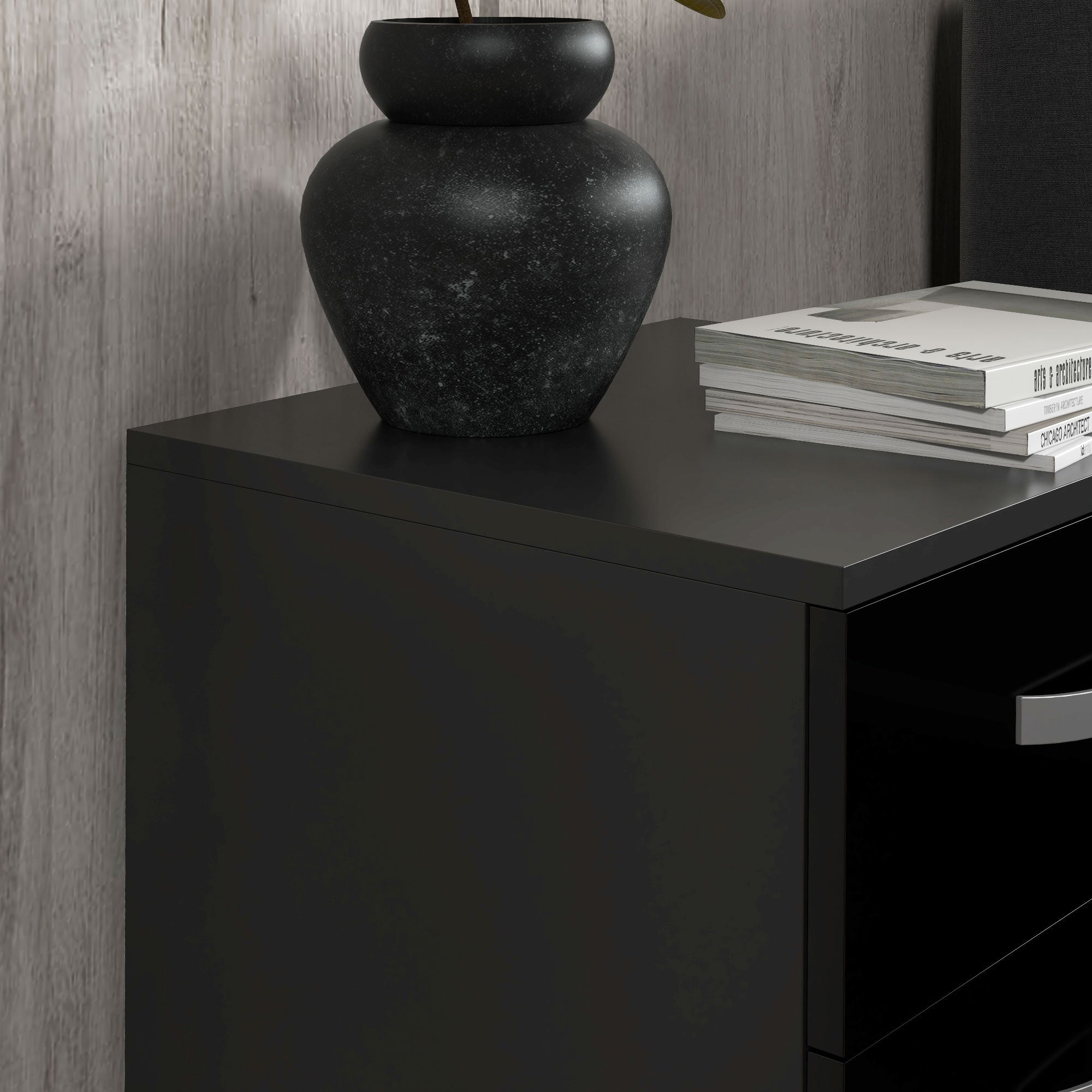 Bedside Table Set of 2, Modern Nightstand with Drawers and High Gloss Fronts, Night Table for Bedroom, Black