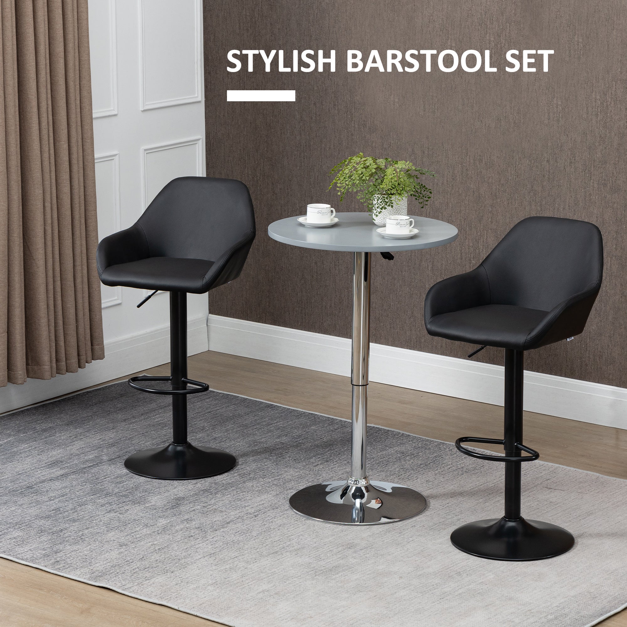 Adjustable Bar Stools Set of 2, Swivel Barstools with Footrest and Back, PU Leather and Steel Round Base, Black