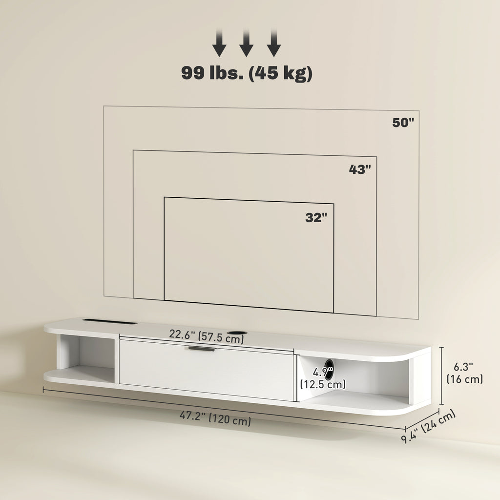 47" Floating TV Stand for TVs up to 50 Inch, Wall Mounted Media Console with Flip Drawer and 2 Open Shelves, White