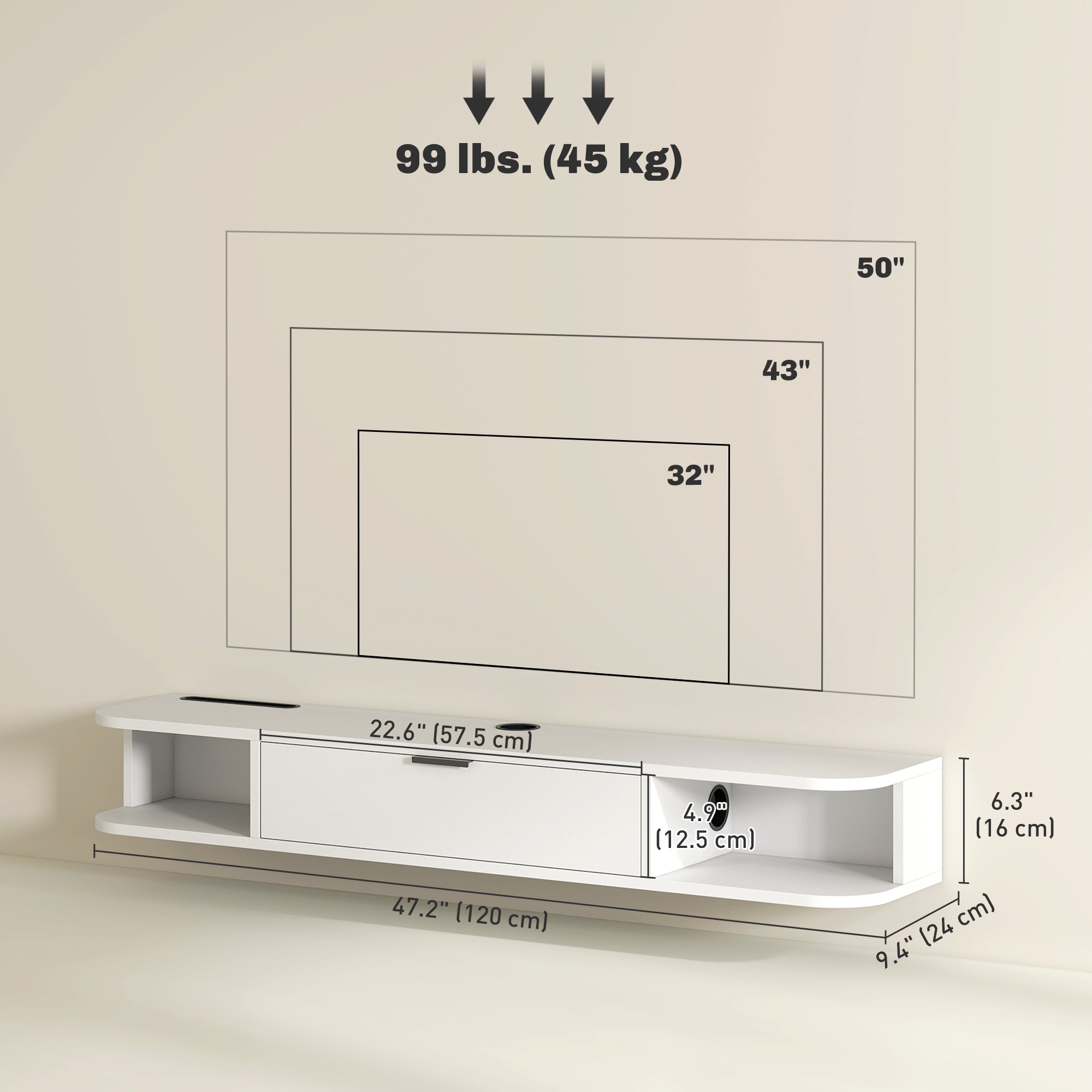 47" Floating TV Stand for TVs up to 50 Inch, Wall Mounted Media Console with Flip Drawer and 2 Open Shelves, White