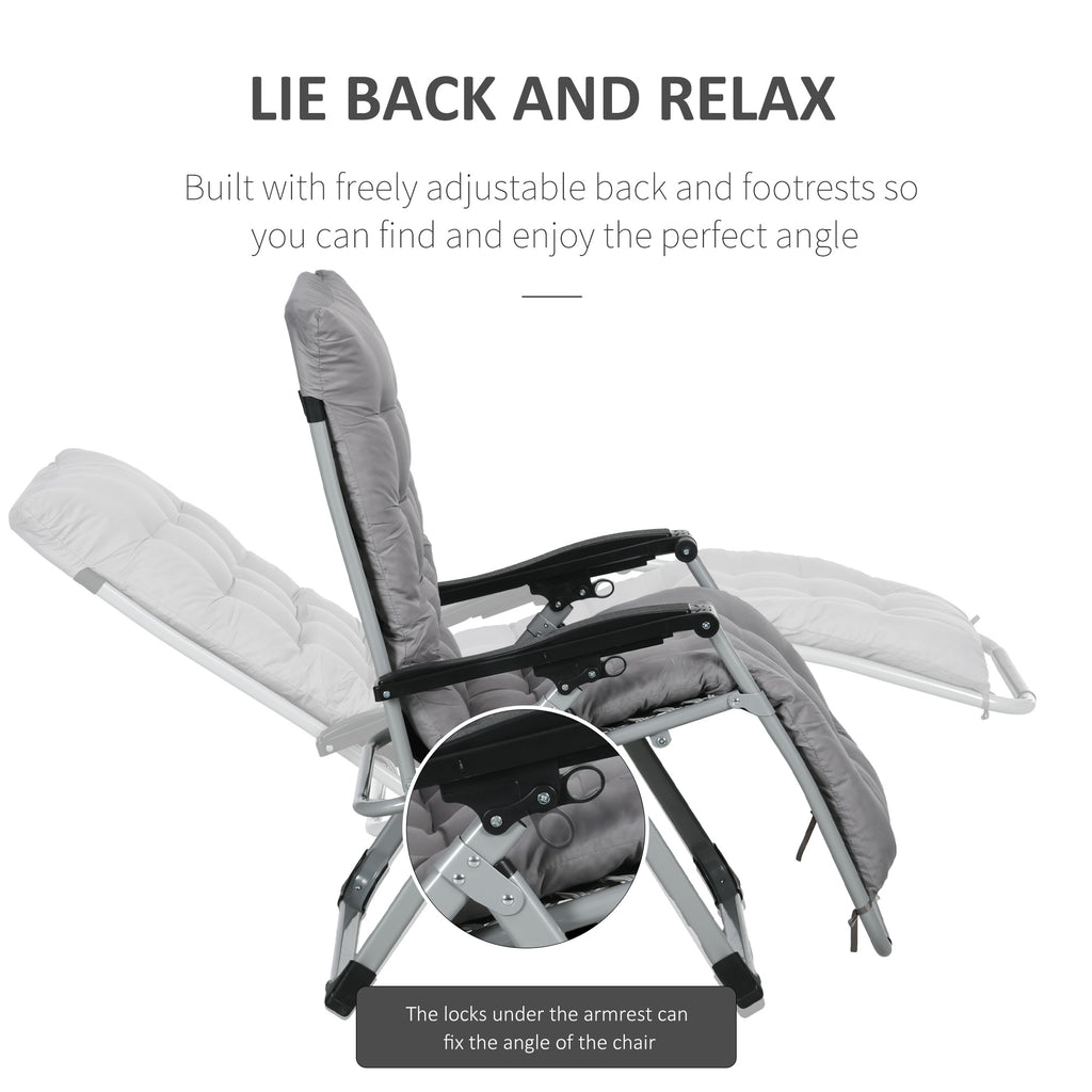Folding Garden Chairs Set of 2, Reclining Zero Gravity Chair, Sun Lounger with Cushion and Headrest, Dark Grey