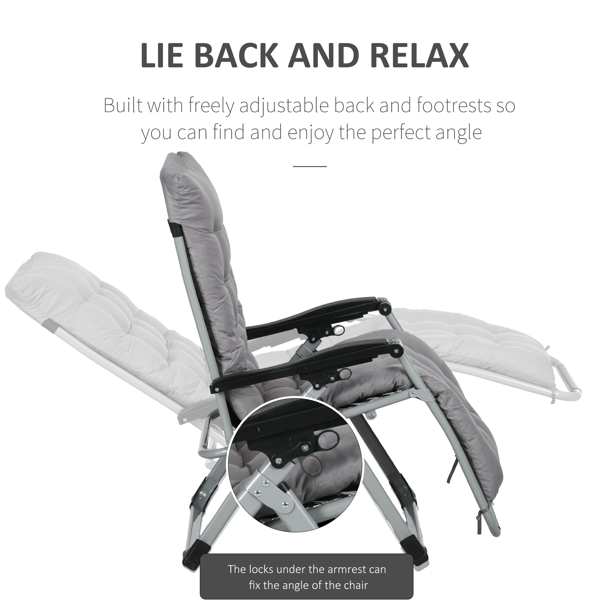Folding Garden Chairs Set of 2, Reclining Zero Gravity Chair, Sun Lounger with Cushion and Headrest, Dark Grey