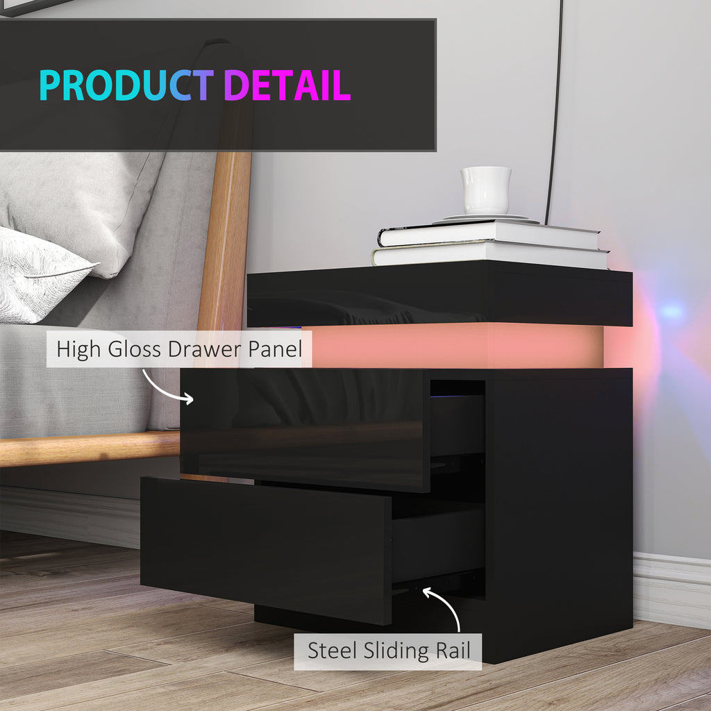 Nightstand Set of 2, End Side Tables with LED Lights, Bedside Tables with 2 Drawers, for Bedroom, Black