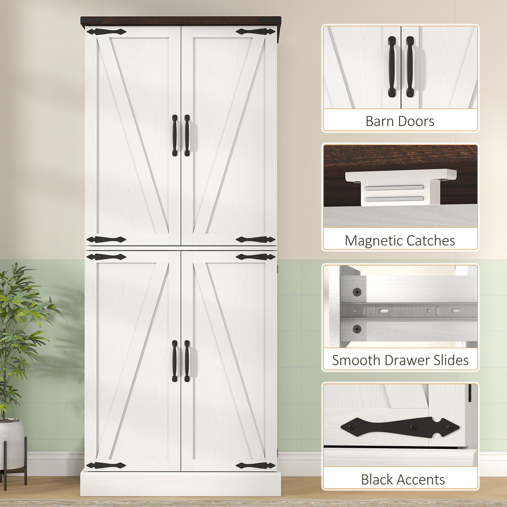 72" Tall Kitchen Pantry Cabinet, Farmhouse Storage Cabinet with 8 Door Racks and Adjustable Shelves, White