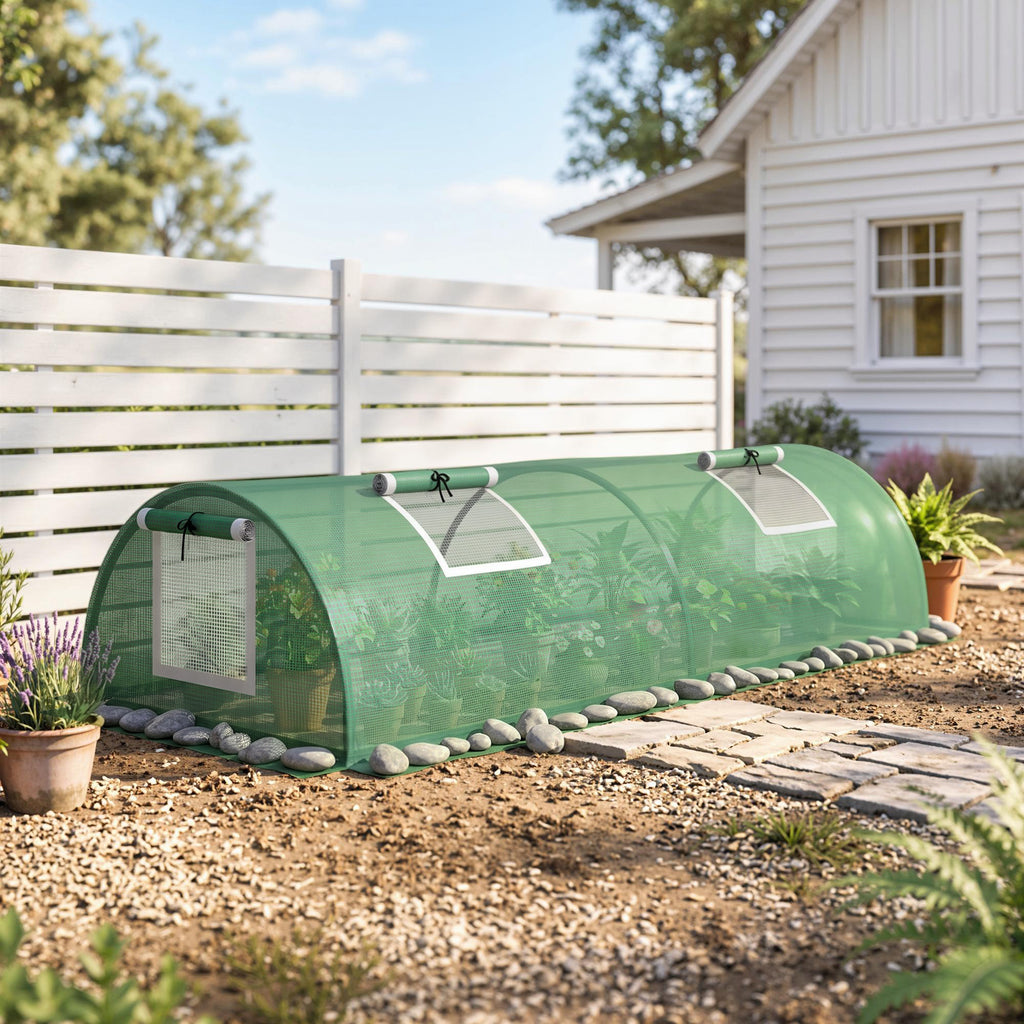 Portable Mini Greenhouse, Tunnel Growing Tent with 5 Mesh Windows and Steel Frame, 7' x 3' x 2', Green