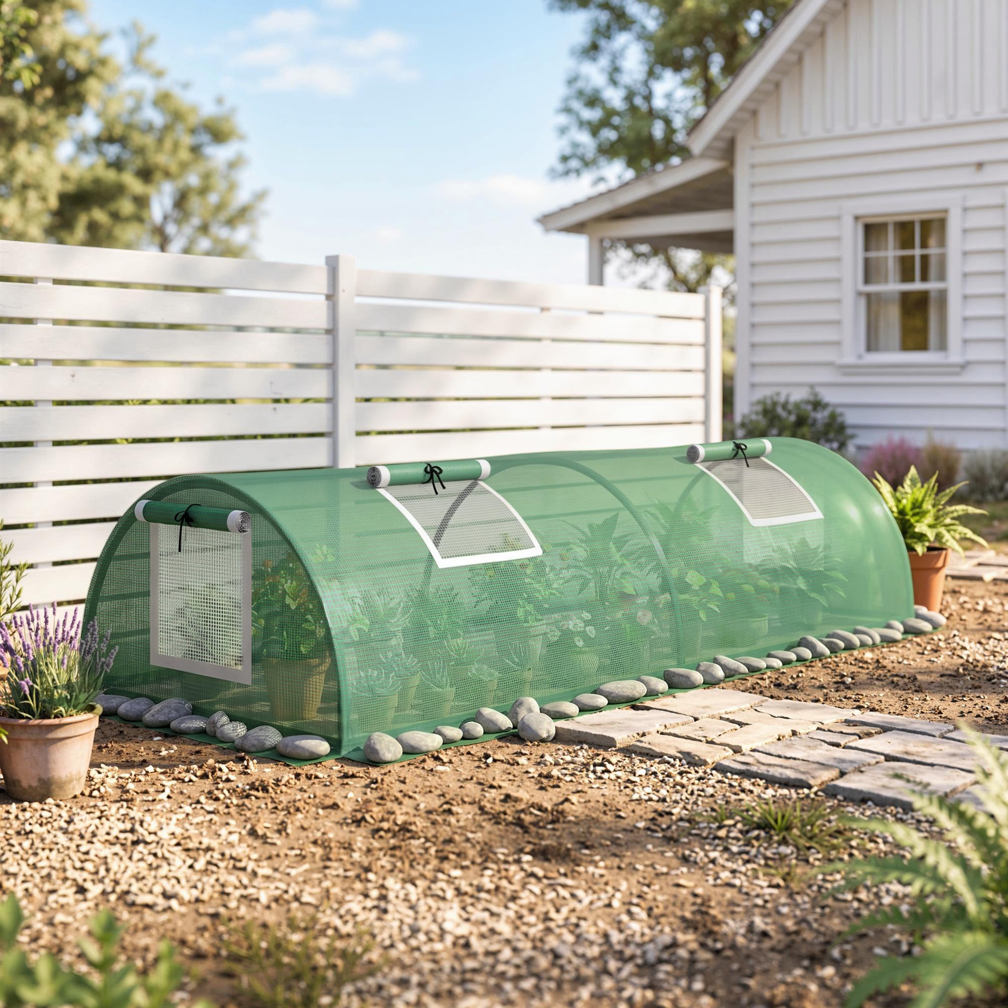 Portable Mini Greenhouse, Tunnel Growing Tent with 5 Mesh Windows and Steel Frame, 7' x 3' x 2', Green