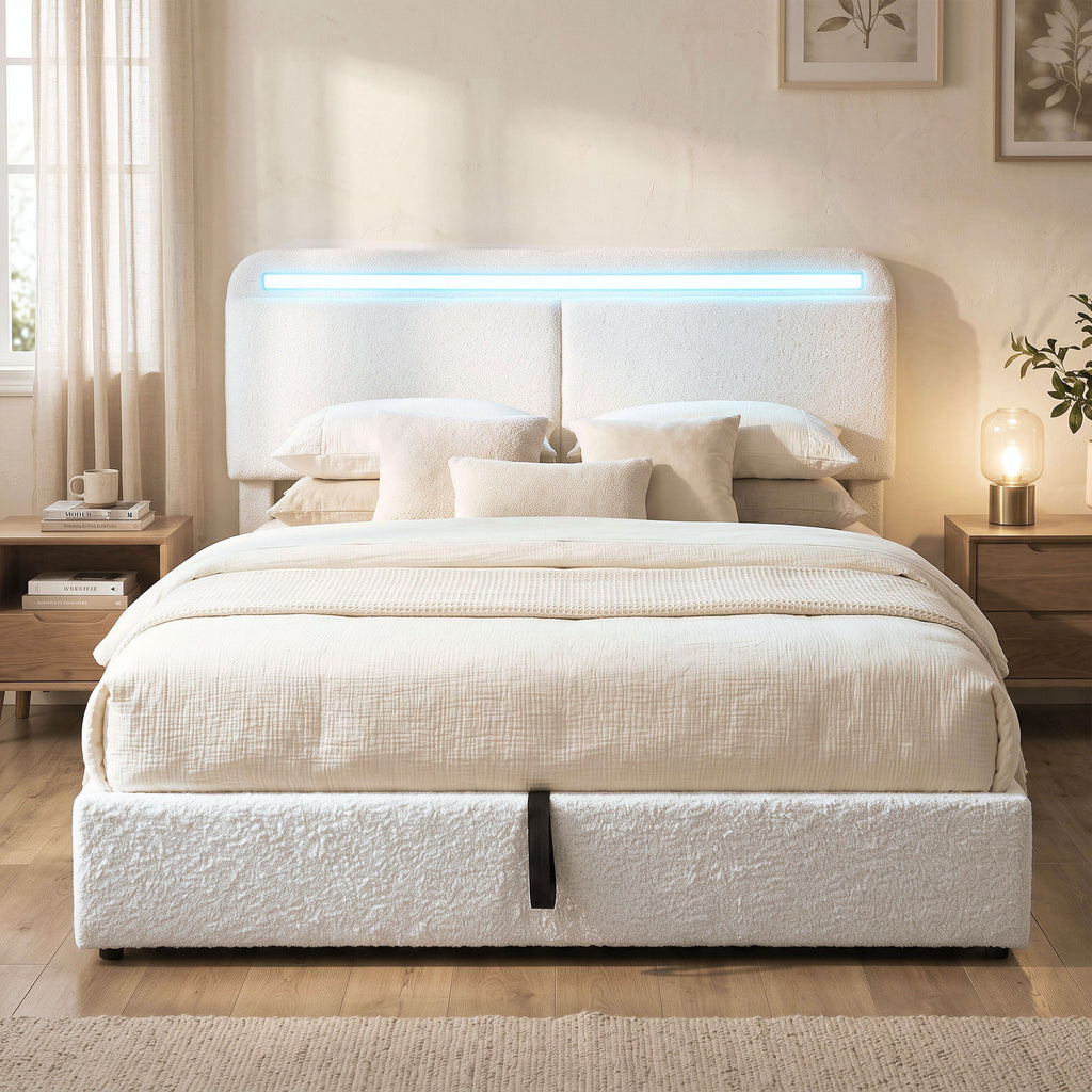 Modern upholstered queen bed with adjustable headboard and integrated charging station