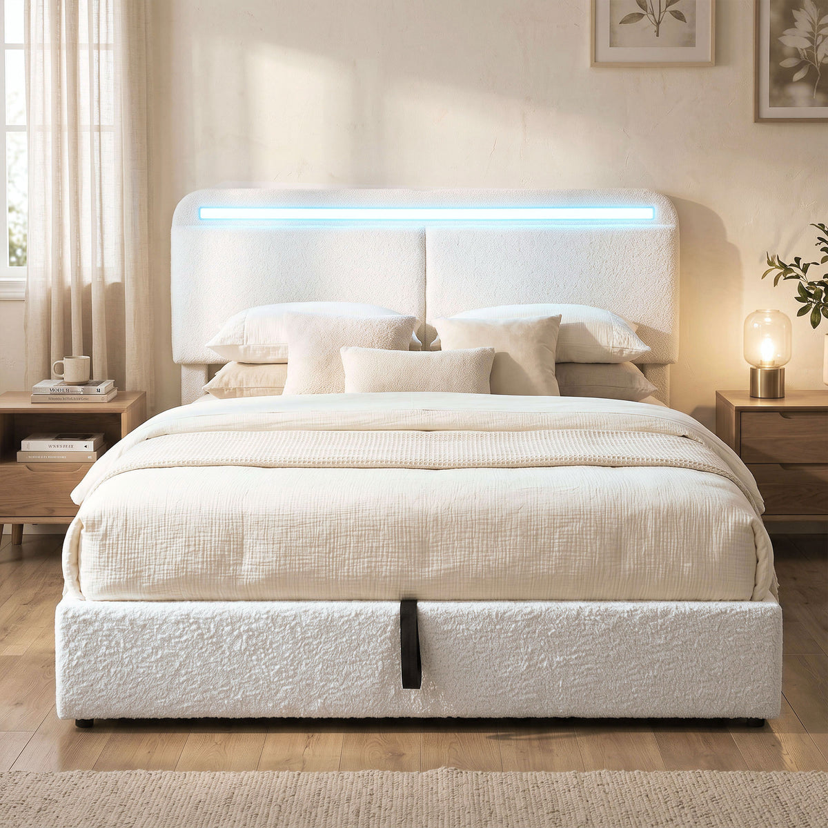 Modern upholstered queen bed with adjustable headboard and integrated charging station