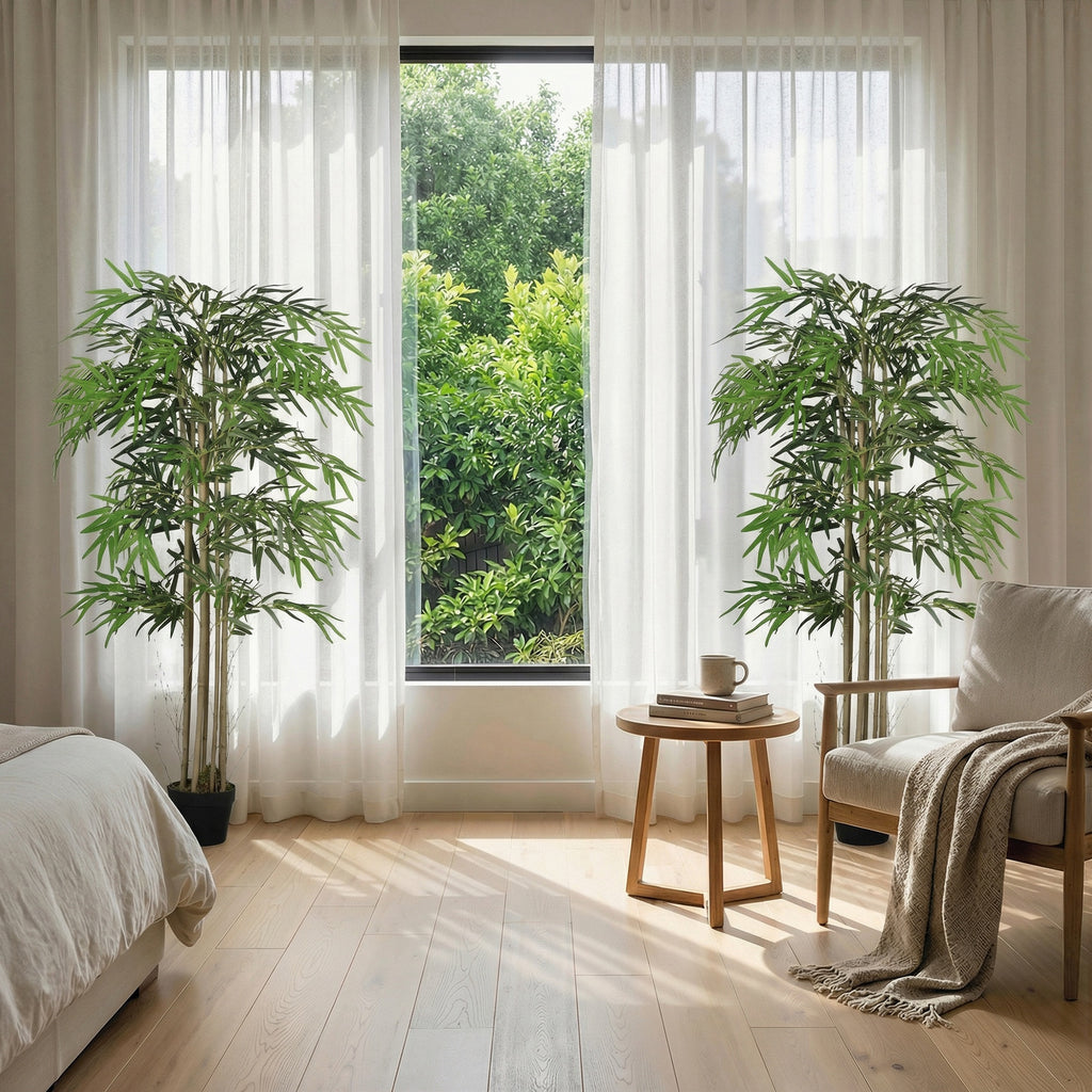 5FT Artificial Bamboo Tree Set of 2, Fake Plant with 1095 Leaves, Greenery Plant in Nursery Pot for Indoor, Green