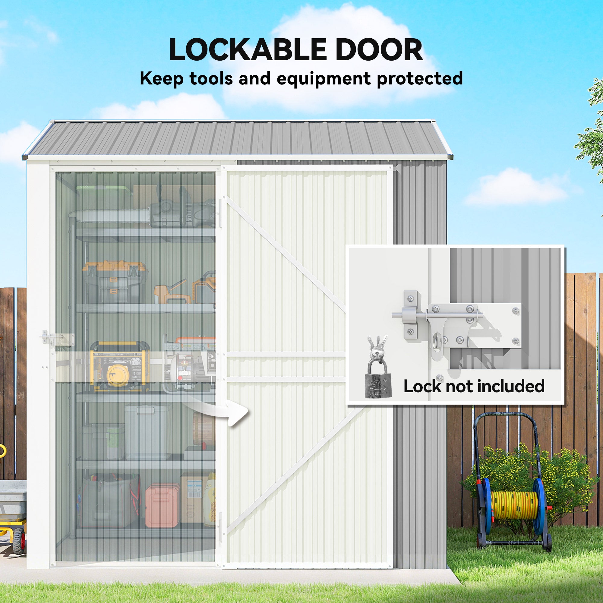 7' x 6' Tall Outdoor Storage Shed, Waterproof Metal Garden Shed with Gloves, Lockable Door, Silver Grey