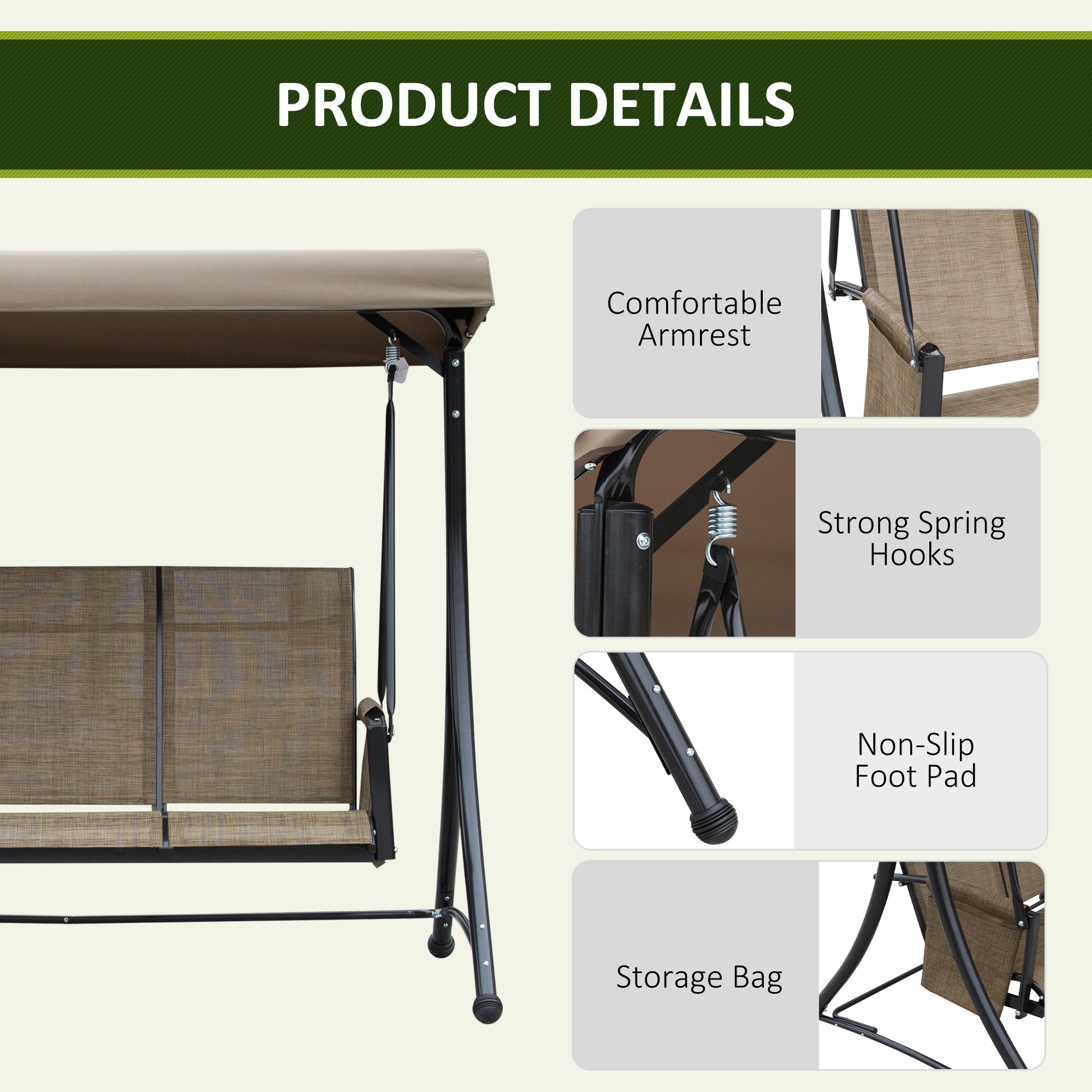 3 Person Porch Swing Outdoor Swing Chair with High Back Design, Side Pouches and Adjustable Canopy, Brown