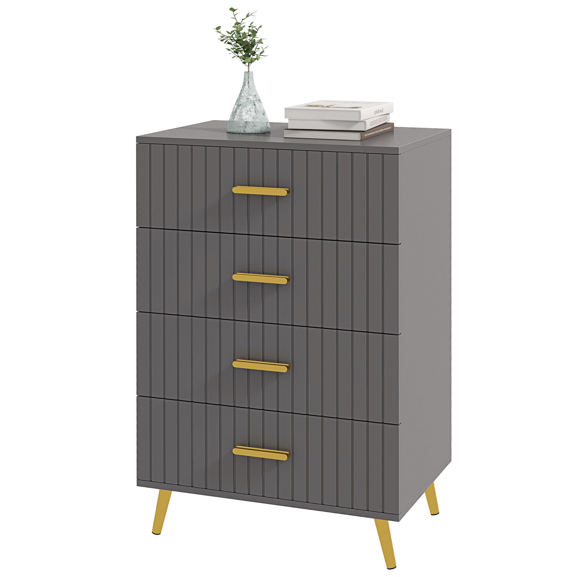 4 Drawer Cabinet, Drawer Chest for Bedroom, Chest of Drawers with Aluminium Legs and Gold Handles, Dark Grey