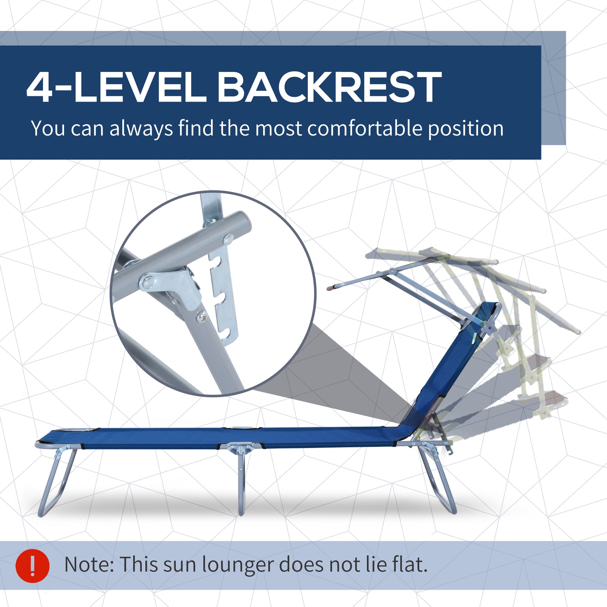 Outdoor Lounge Chair, Adjustable Folding Chaise Lounge,  Tanning Chair with Sun Shade for Beach, Camping, Hiking, Backyard, Blue