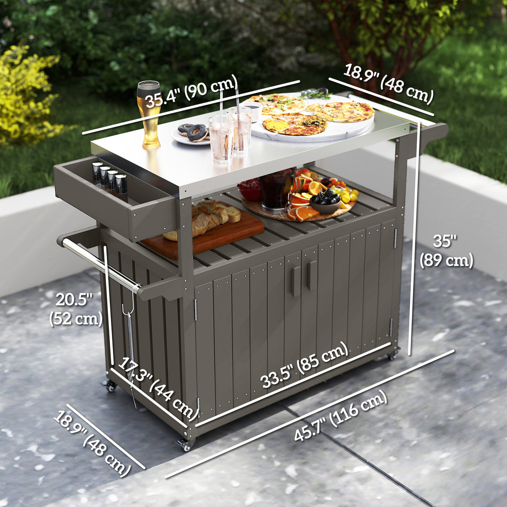 Outdoor Bar Cart with Storage Cabinet, Stainless Steel Outdoor Bar Table Top, Wheeled HDPE Kitchen Island for Food Prep