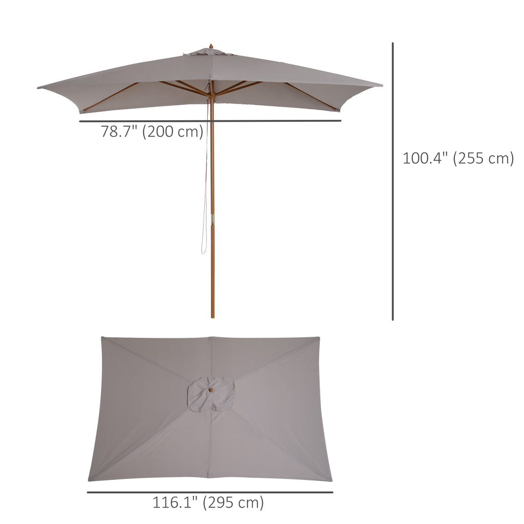 7' x 10' Wooden Patio Umbrella, Rectangle Garden Parasol, Outdoor Sunshade Canopy with Bamboo Ribs for Garden, Grey