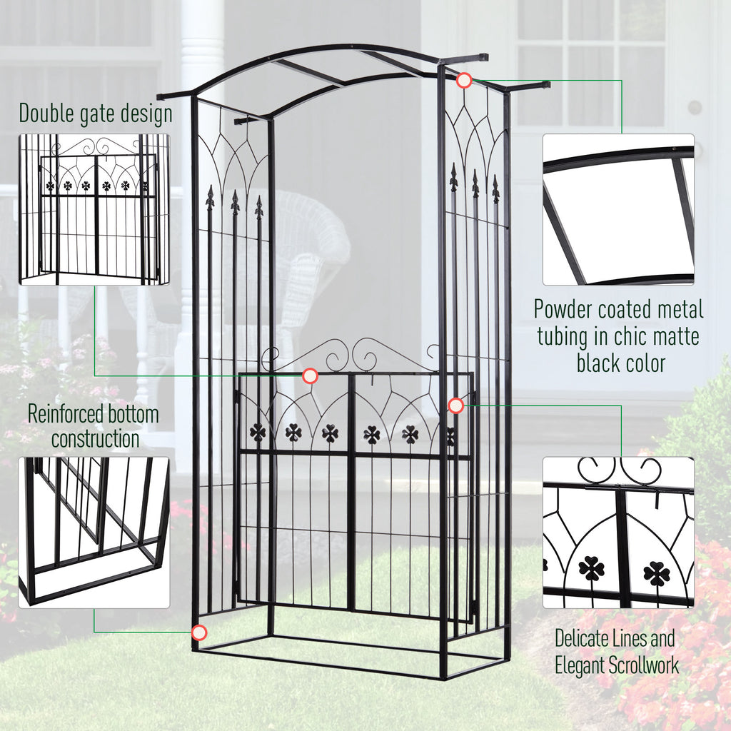 Outdoor Metal Trellis Garden Arch Arbor w/ Lucky Leaf Clover Gate for Ceremony Wedding Party Garden Lawn, Black