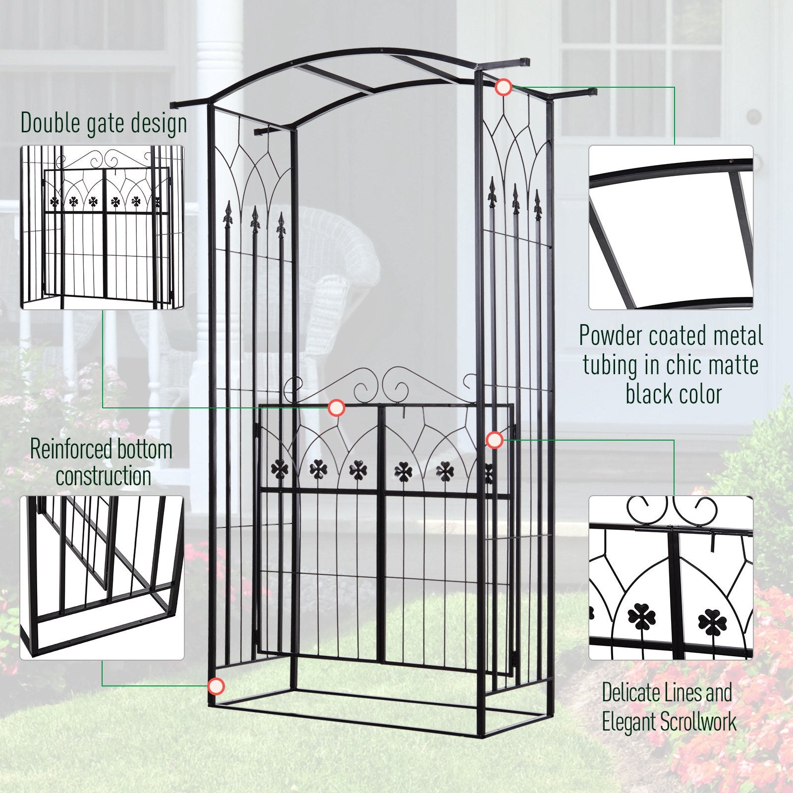 Outdoor Metal Trellis Garden Arch Arbor w/ Lucky Leaf Clover Gate for Ceremony Wedding Party Garden Lawn, Black