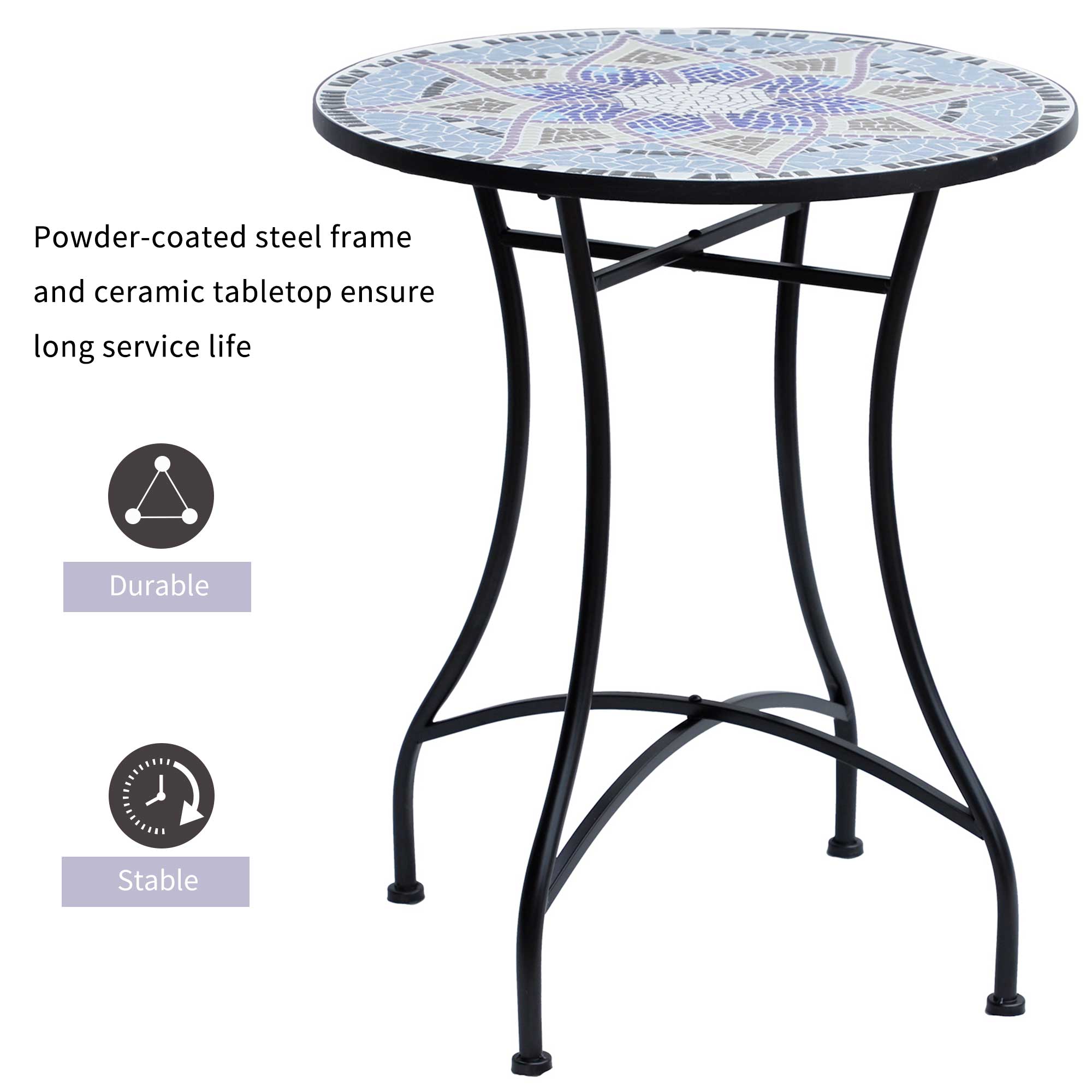 23.6" Mosaic Round Patio Table with Ceramic Tabletop, Outdoor Furniture, Multicolor