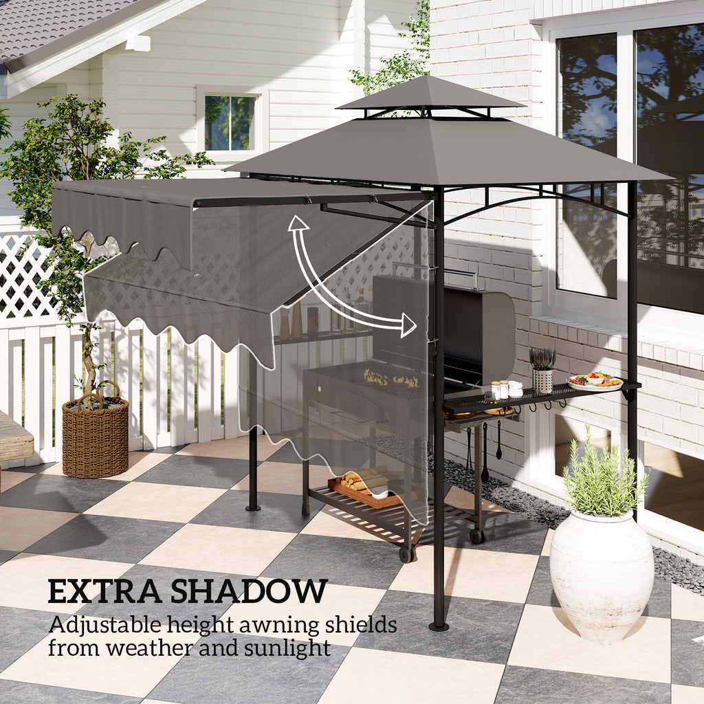 8' x 7.6' Grill Gazebo, Double Tiered Barbecue Grill Gazebo Shelter w/ Side Awning, 2 Side Shelves, 6 Hooks, Dark Grey