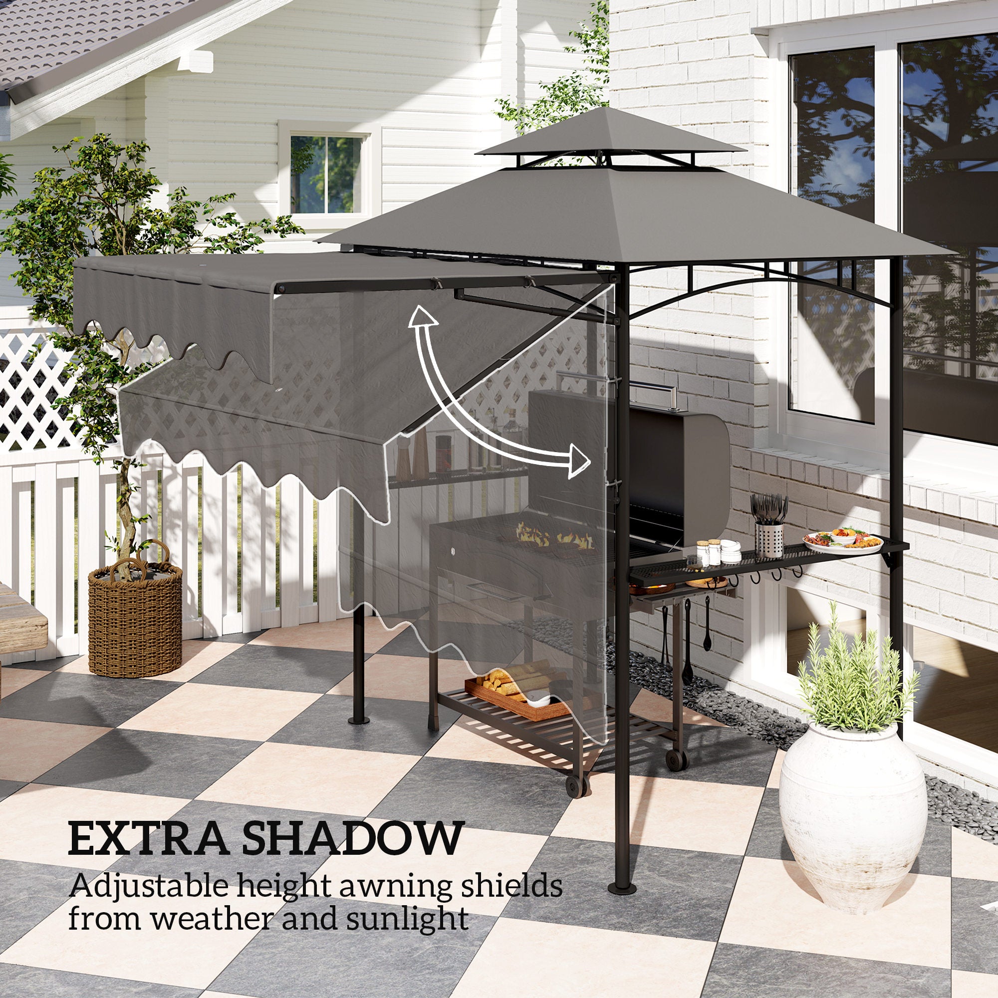8' x 7.6' Grill Gazebo, Double Tiered Barbecue Grill Gazebo Shelter w/ Side Awning, 2 Side Shelves, 6 Hooks, Dark Grey
