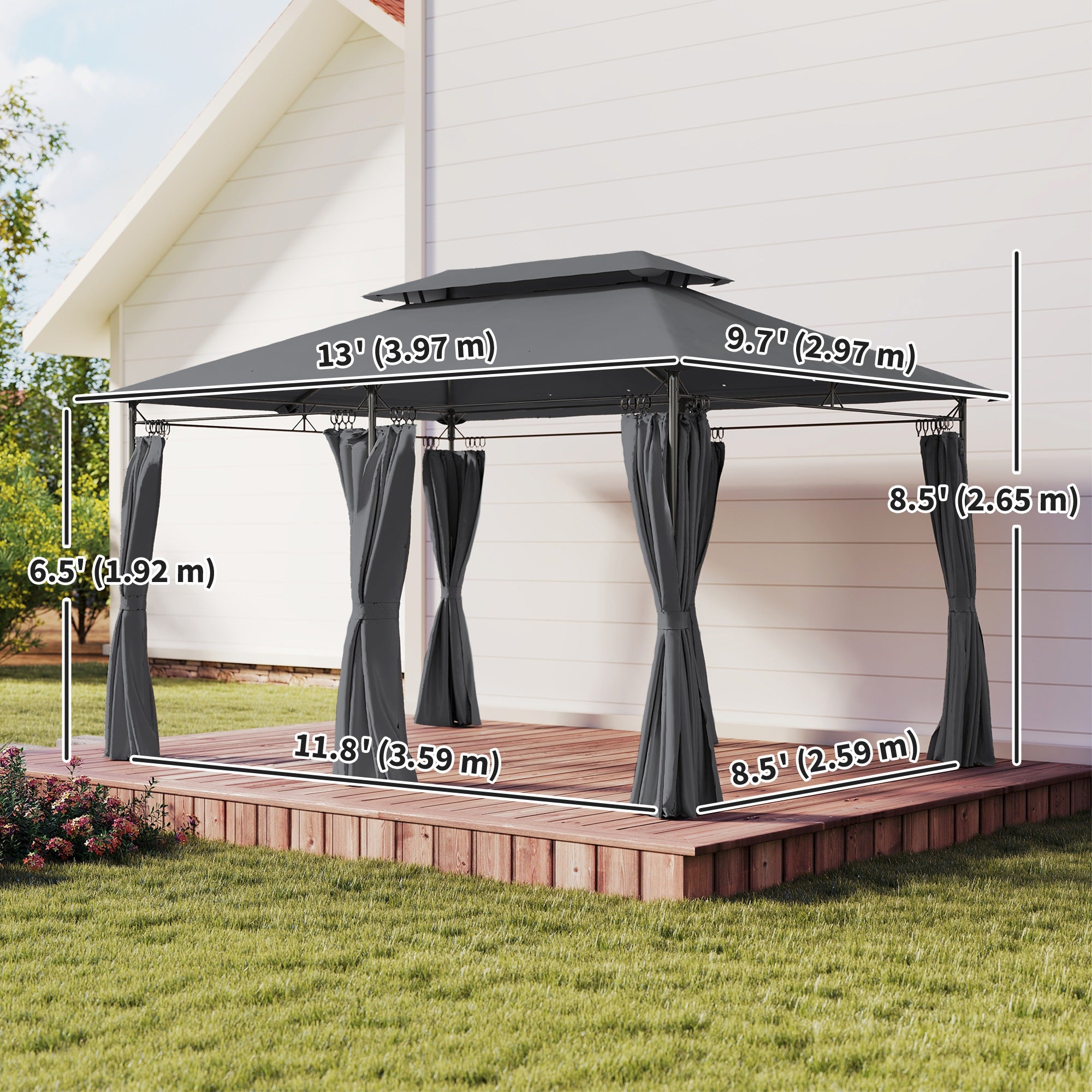10'Â xÂ 13' Double Roof Patio Gazebo, Outdoor Gazebo with Curtains, for Garden, Lawn, Backyard and Deck, Grey