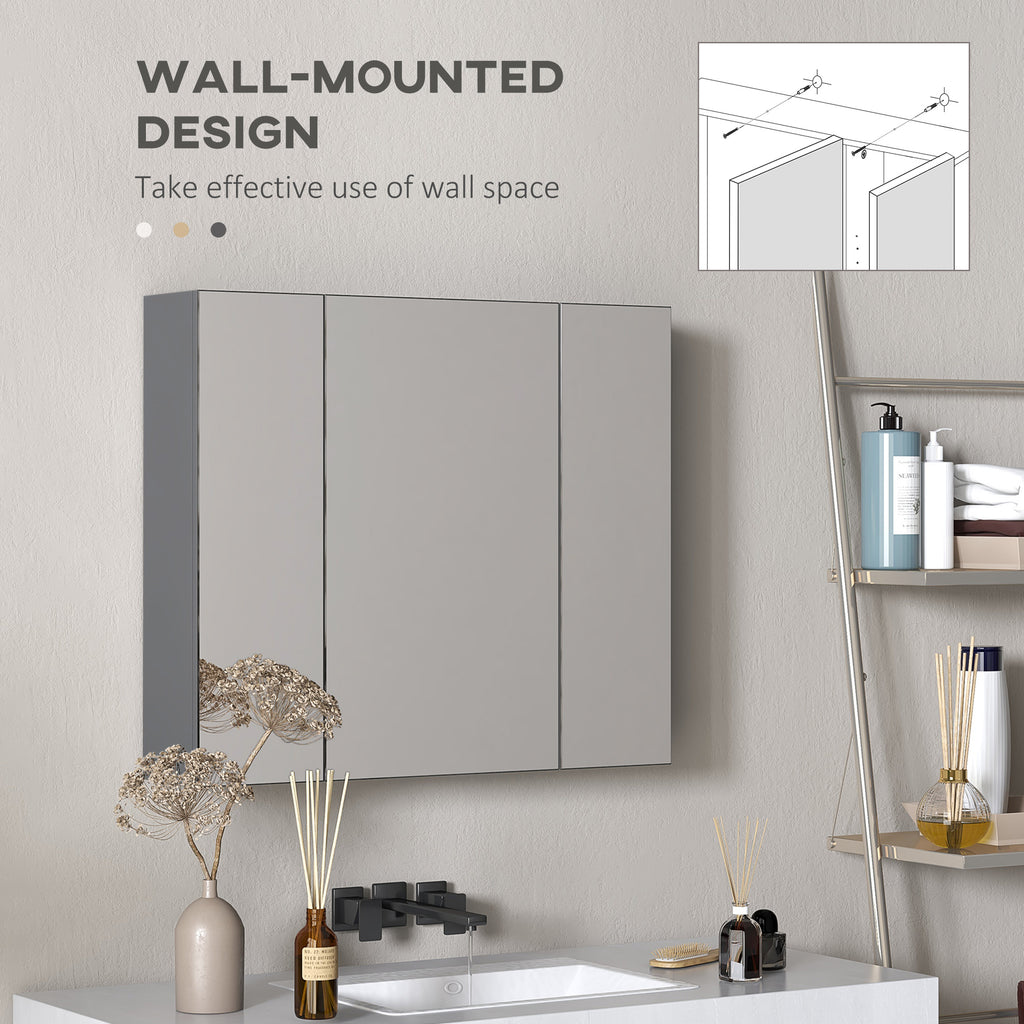 28" x 24" Wall Mounted Mirror Cabinet, Bathroom Medicine Cabinet with Mirror, 3 Doors and Adjustable Shelves, Grey