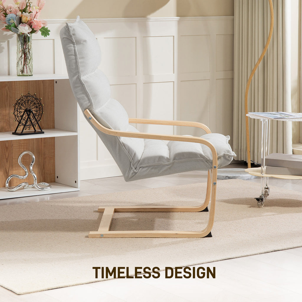 Birch Wood Fabric Modern Armchair, Accent Chair with Curved Leg and Arm for Living Room, Cream White