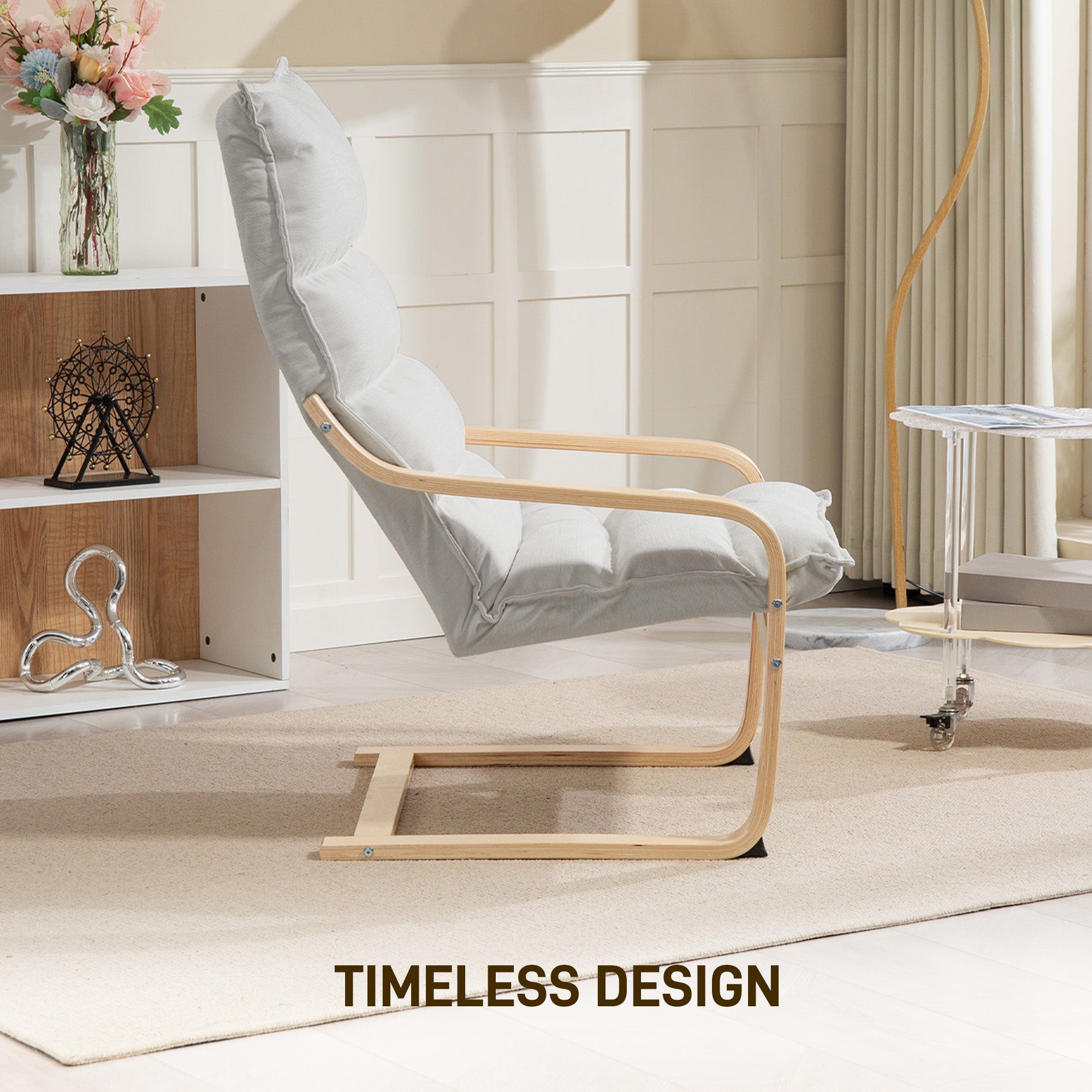 Birch Wood Fabric Modern Armchair, Accent Chair with Curved Leg and Arm for Living Room, Cream White