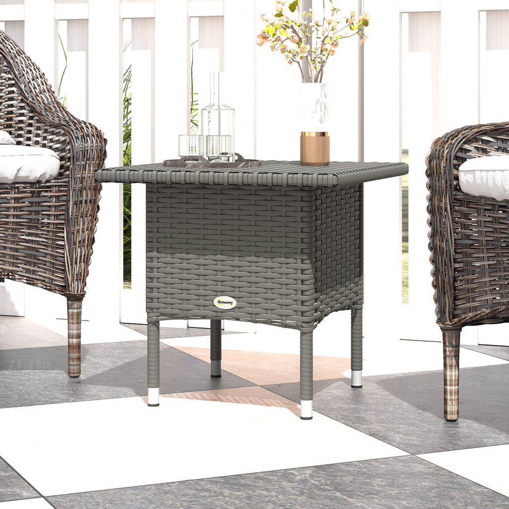 Wicker Outdoor Side Table, 20" Square Patio End Table w/ Full Woven Top, Grey