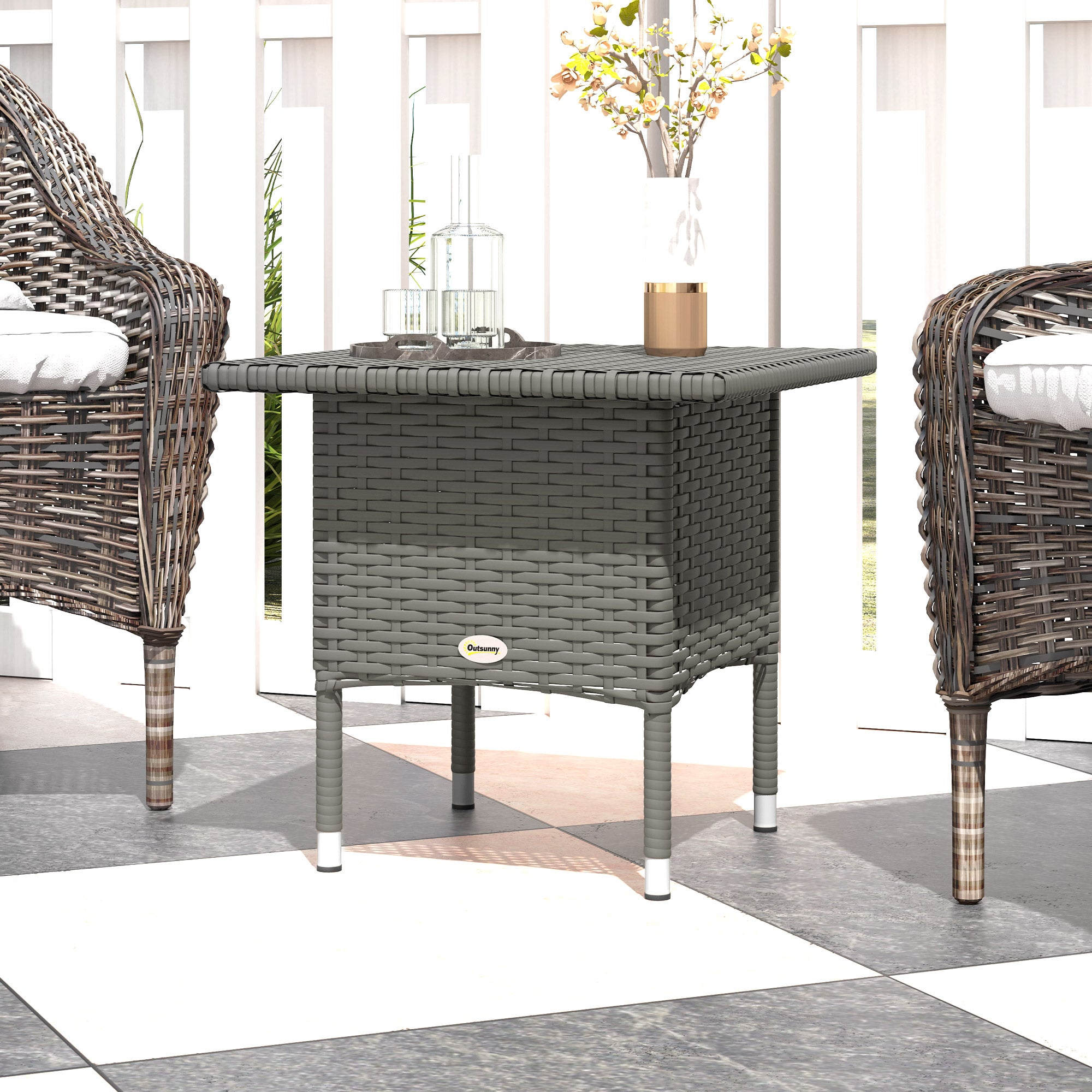 Wicker Outdoor Side Table, 20" Square Patio End Table w/ Full Woven Top, Grey