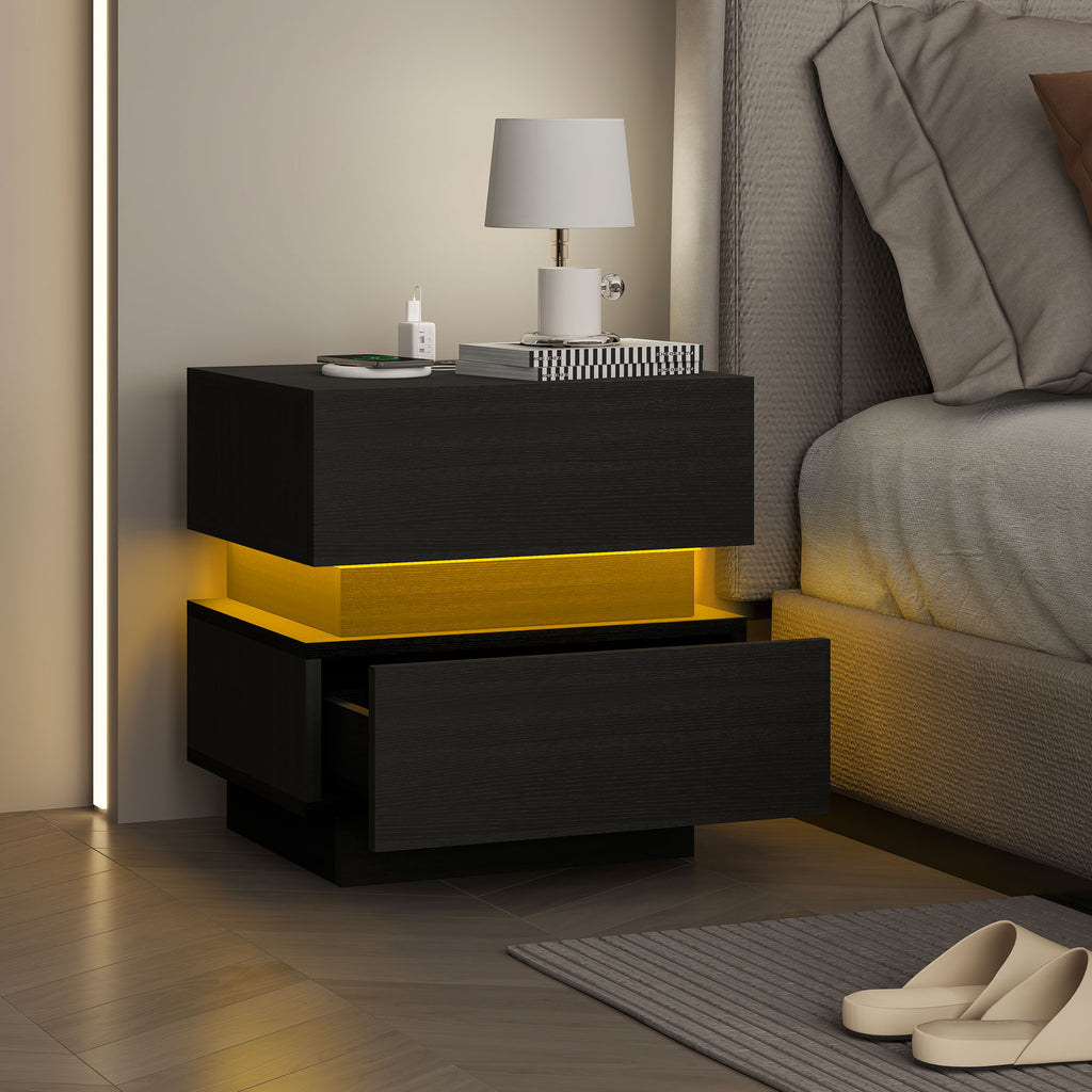 Bedside Table with Charging Station and LED Light Modern Nightstand with USB Ports AC Outlets Drawers Remote, Black