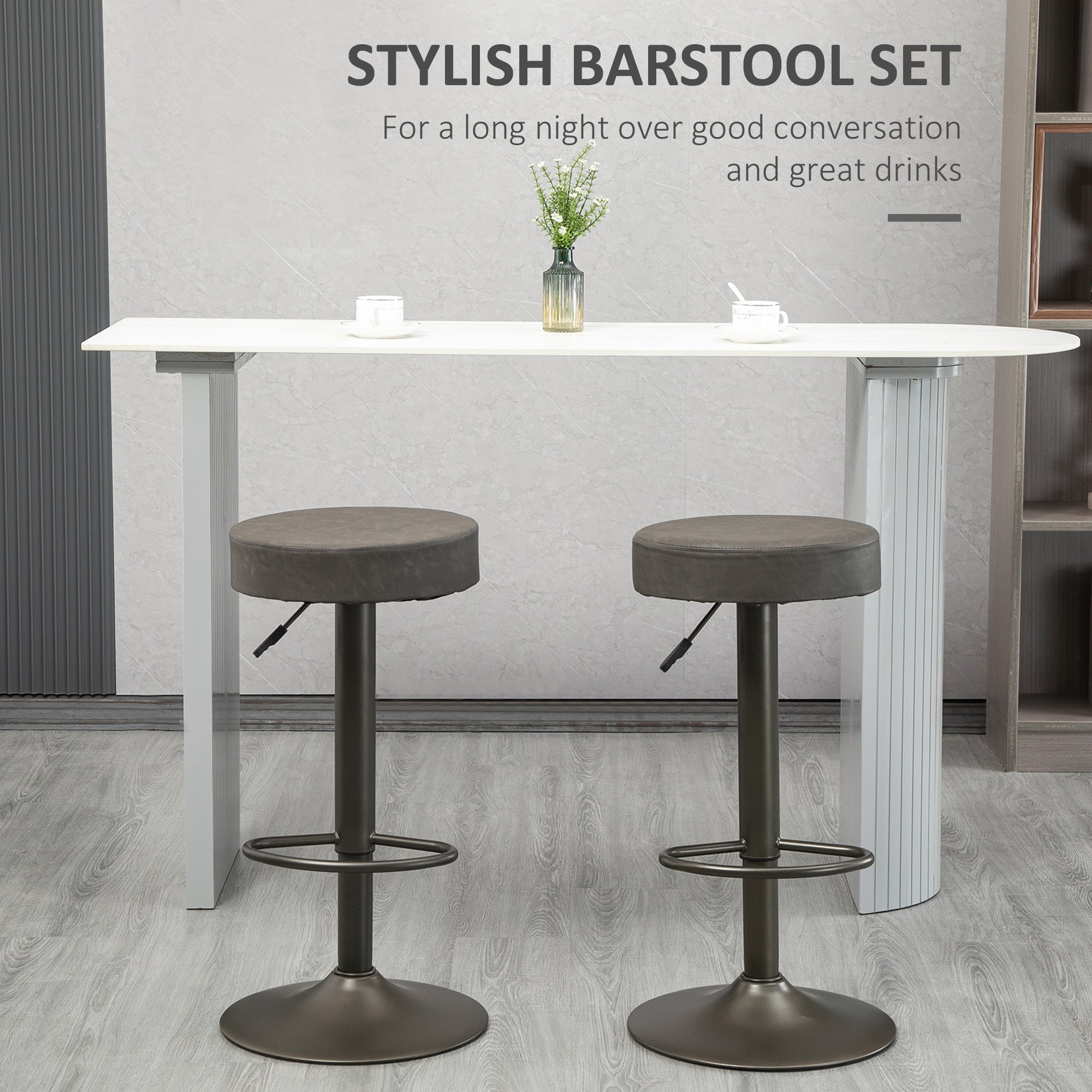 Modern Adjustable Bar Stools Set of 2, Swivel Barstool with Footrest, PU Leather Round Top for Kitchen, Dark Grey