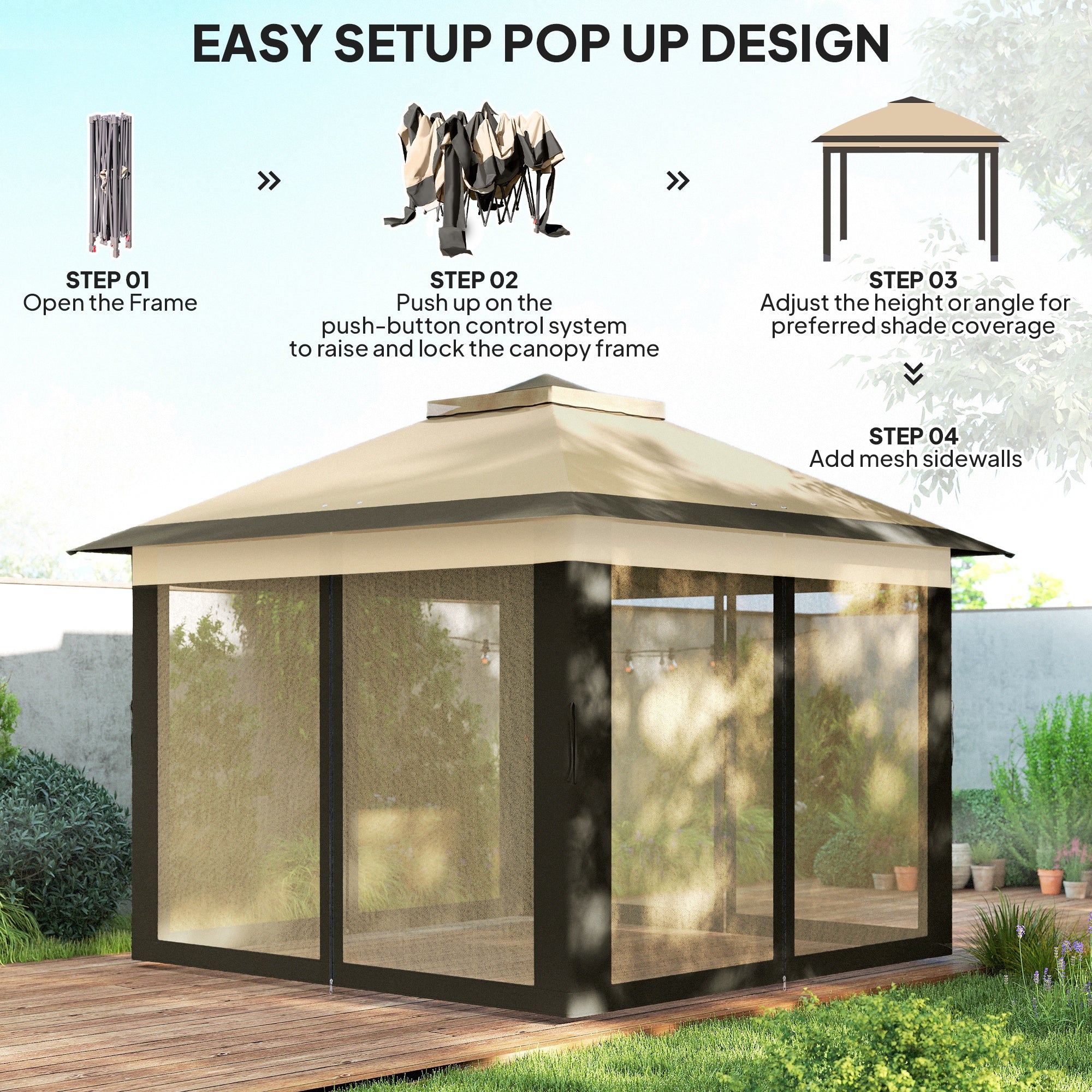 11' x 11' Pop Up Gazebo, Double Roof Foldable Height Adjustable Canopy Tent with Mesh Sidewalls, Carrying Bag, Beige