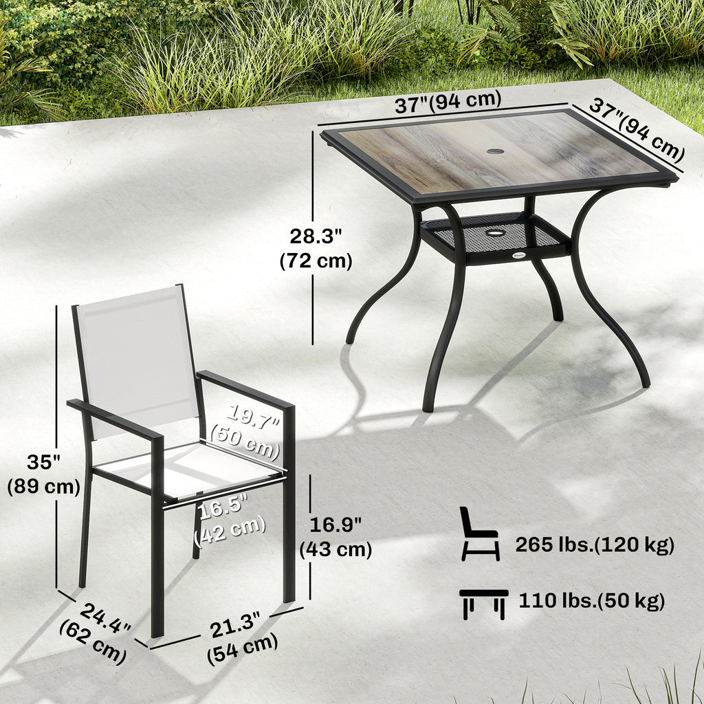 5 Piece Outdoor Patio Dining Set, Dining Table and 4 Stackable Chairs with Umbrella Hole, Shelf