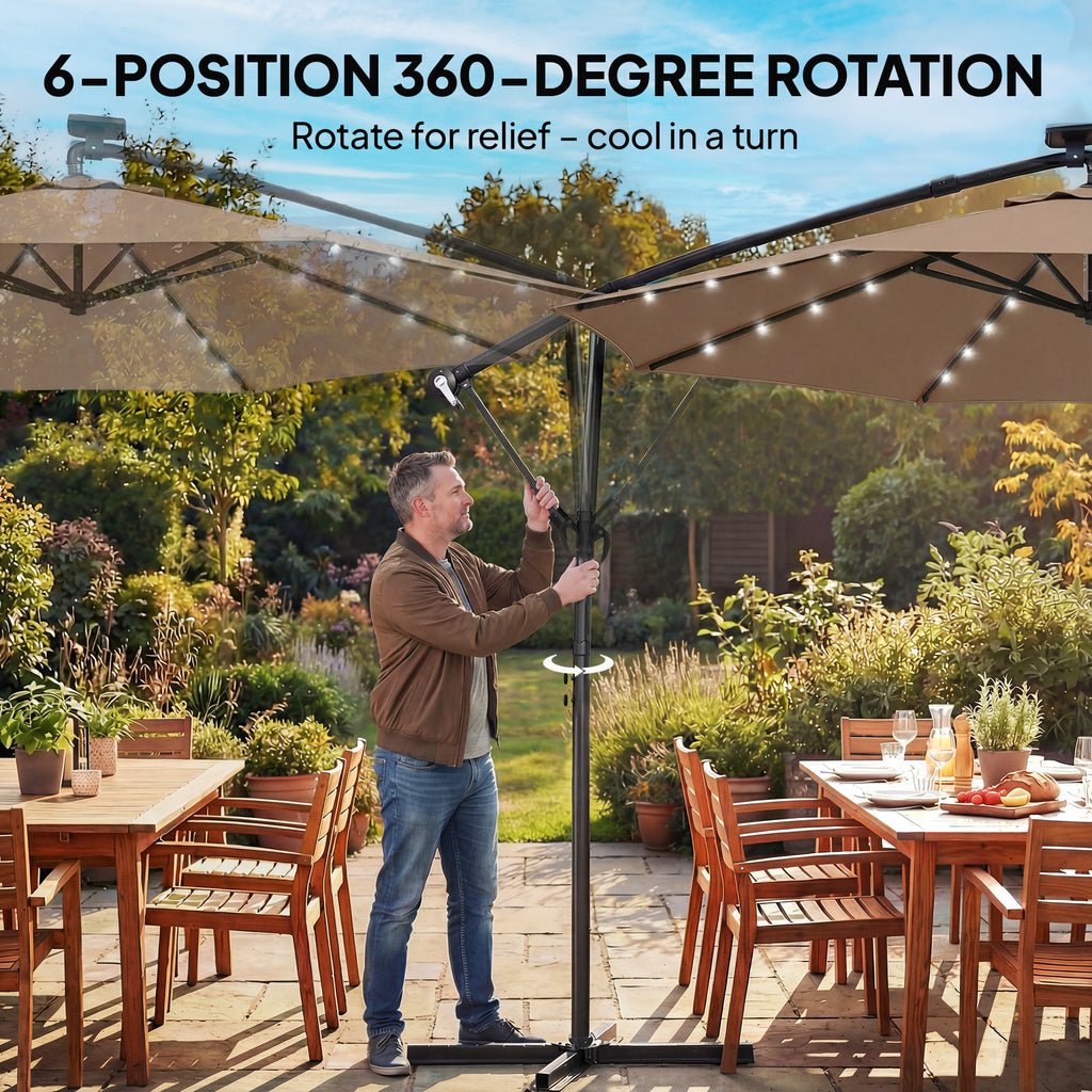 9.7 ft Cantilever Patio Umbrella with Solar Light, Garden Hanging Parasol with Cover, Tilt, Crank, Khaki