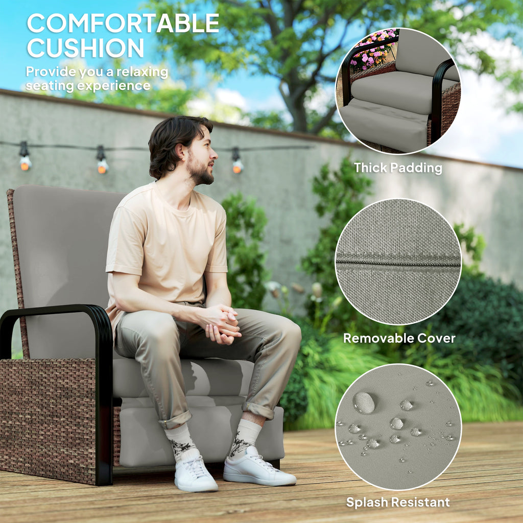 Wicker Outdoor Recliner Chair, Reclining Lounge Chair with Adjustable Backrest, Footrest and Side Tray, Light Grey