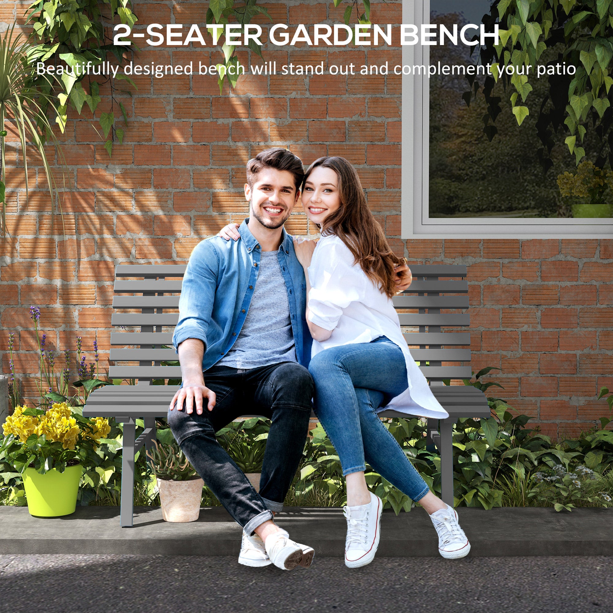 Outdoor Bench Patio Bench, Aluminum Lightweight Park Bench with Slatted Seat for Lawn, Park, Deck, Grey