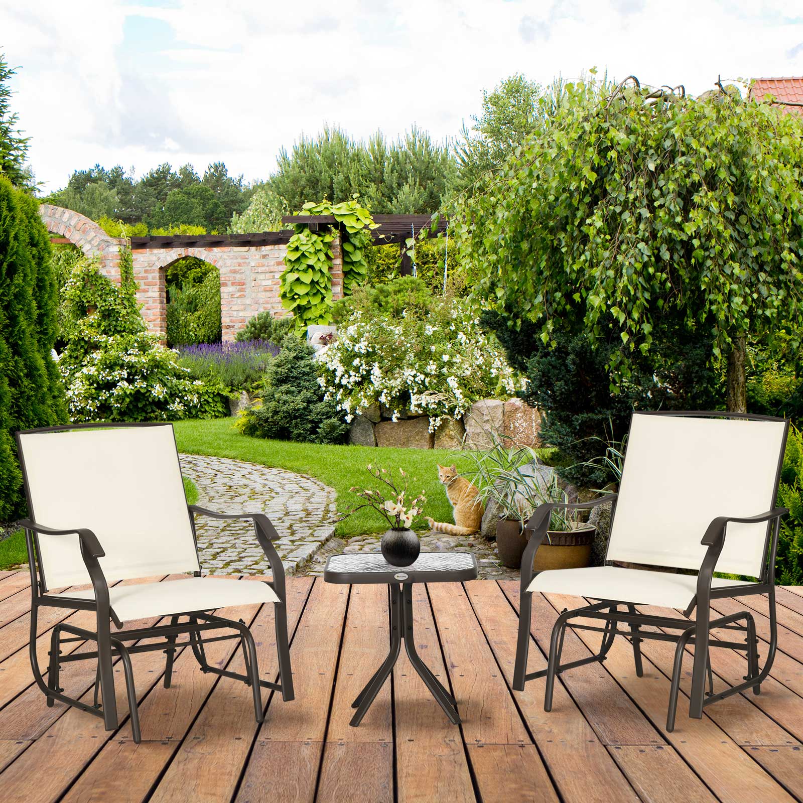 3 Piece Patio Glider Set Outdoor Gliders with Breathable Mesh Seat, Glass Top Table for Garden, Yard, Cream White