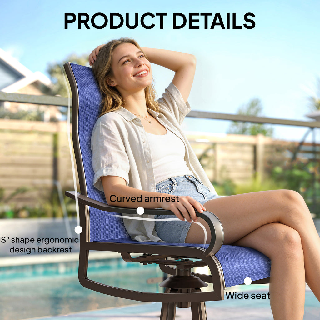 Patio Dining Chairs Set of 2, 360Â° Swivel Rocking Outdoor Chairs with Armrests, Breathable Mesh, Navy Blue