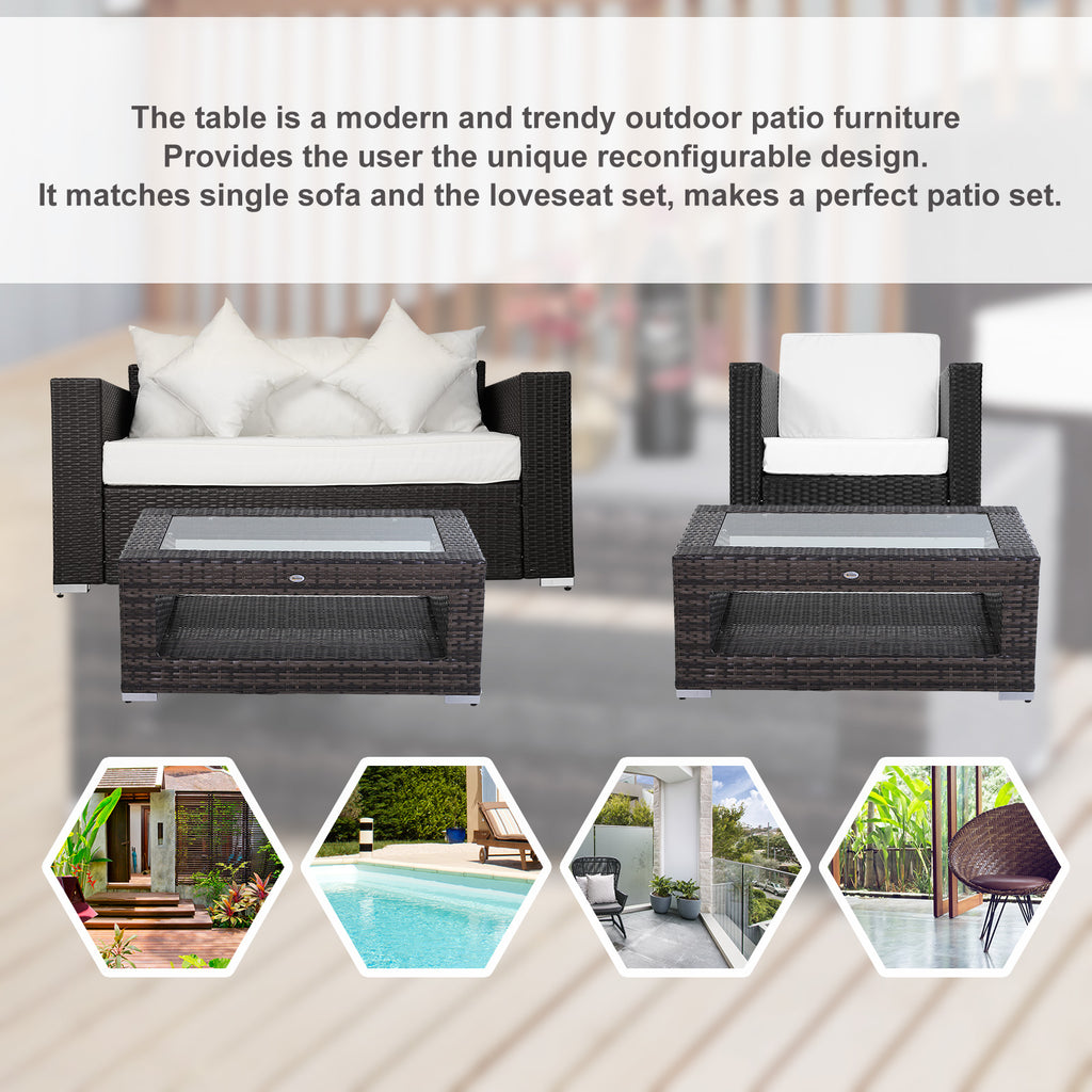 2-Tier Rattan Patio Coffee Table Wicker Patio Tea End Desk with Tempered Glass Top & Storage for Balcony, Backyard, Poolside