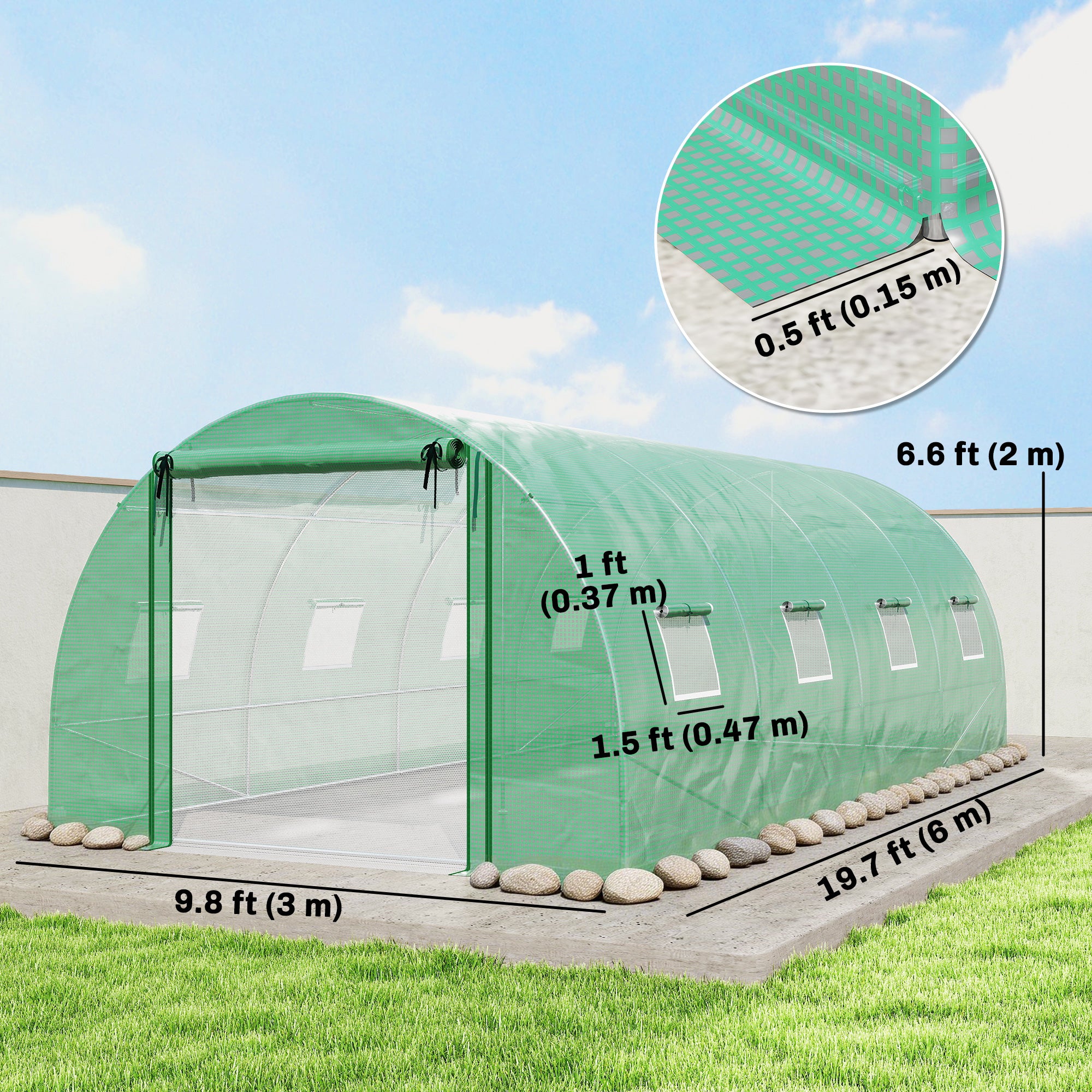 Walk-in Tunnel Greenhouse with 2 Support Rods, Mesh Door, Plant Hot House with PE Cover, 20'x10'x7', Green