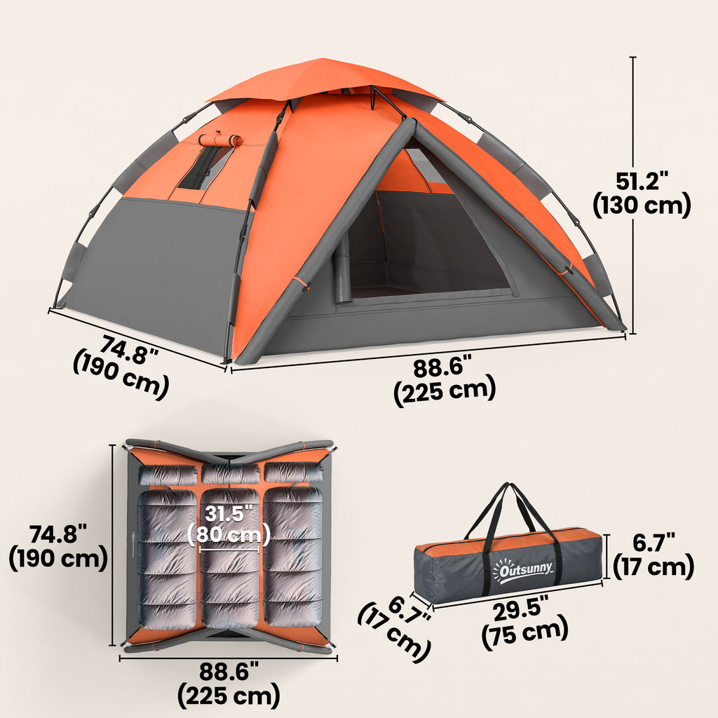 Pop up Camping Tent, 3-4 Man Family Tent, 3000mm Waterproof, with Carry Bag and Top Hook, Dark Grey and Orange