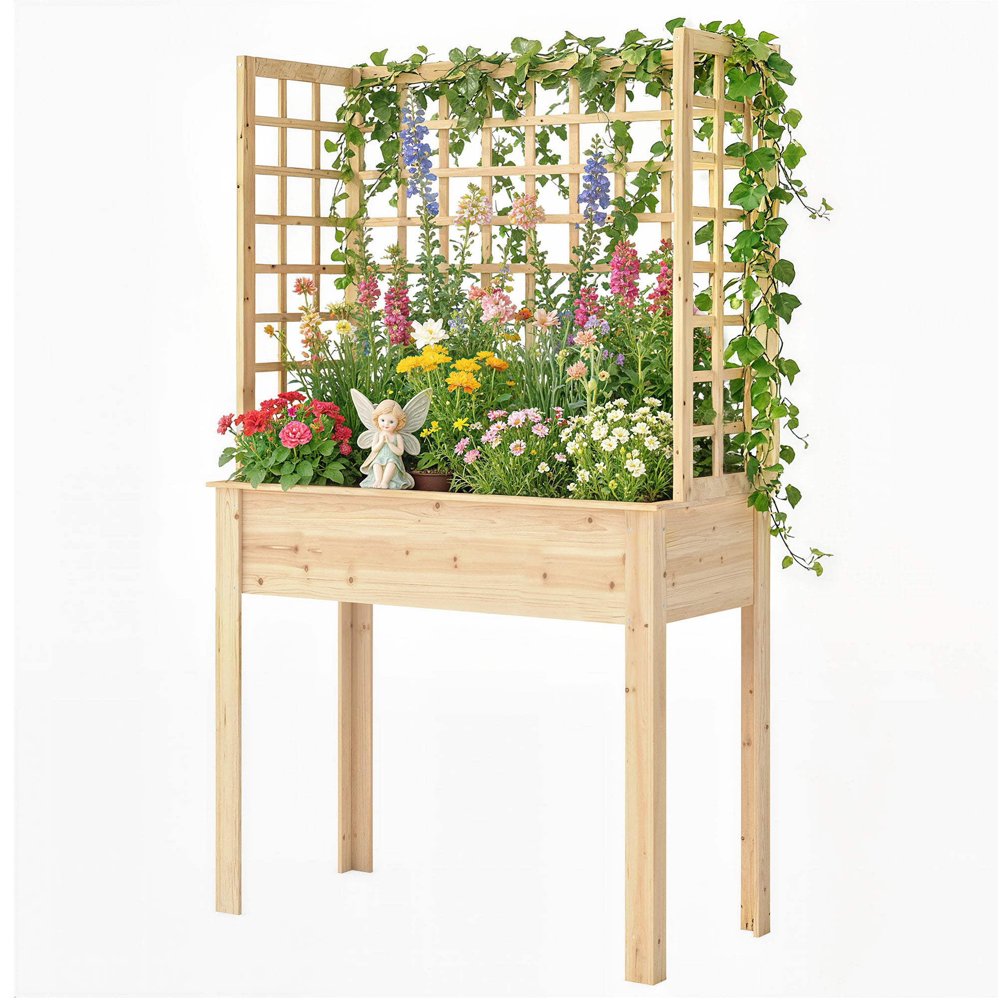 Wooden Raised Garden Bed with 3 Trellises, Outdoor Raised Planter with Drainage Holes