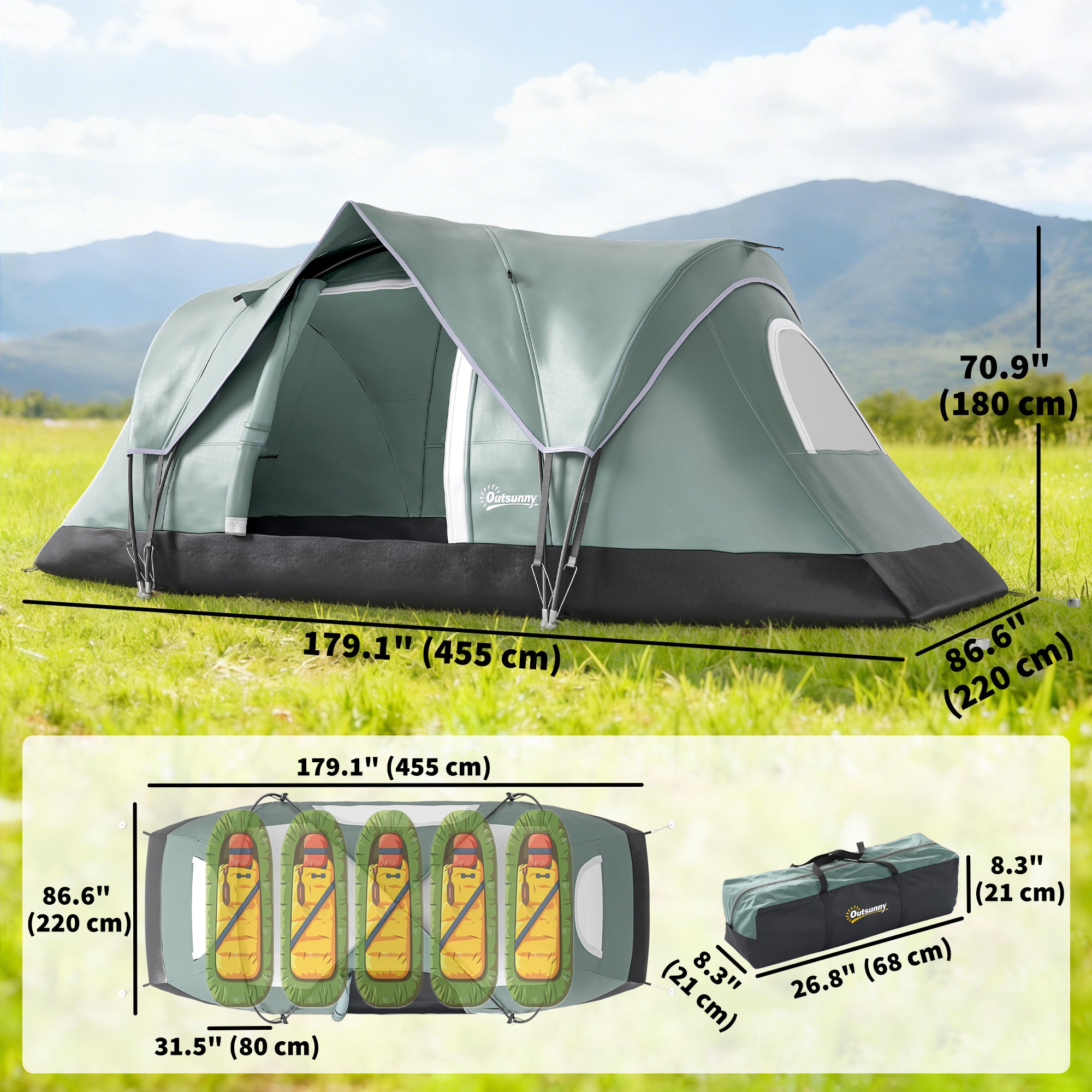 5 Person Family Tent, Outdoor Camping Tent with Lighting Hook, Carrying Bag for Camping, Hiking and Travelling, Green