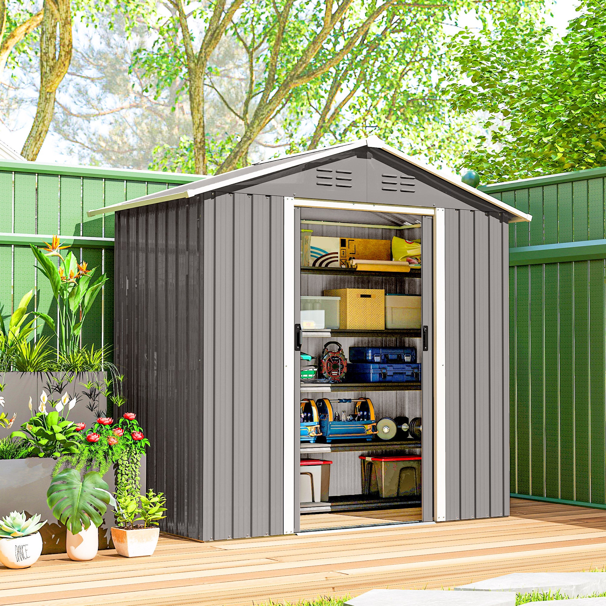 6.5x3.5ft Metal Garden Storage Shed for Outdoor Tool Storage with Double Sliding Doors and Vents, Light Grey