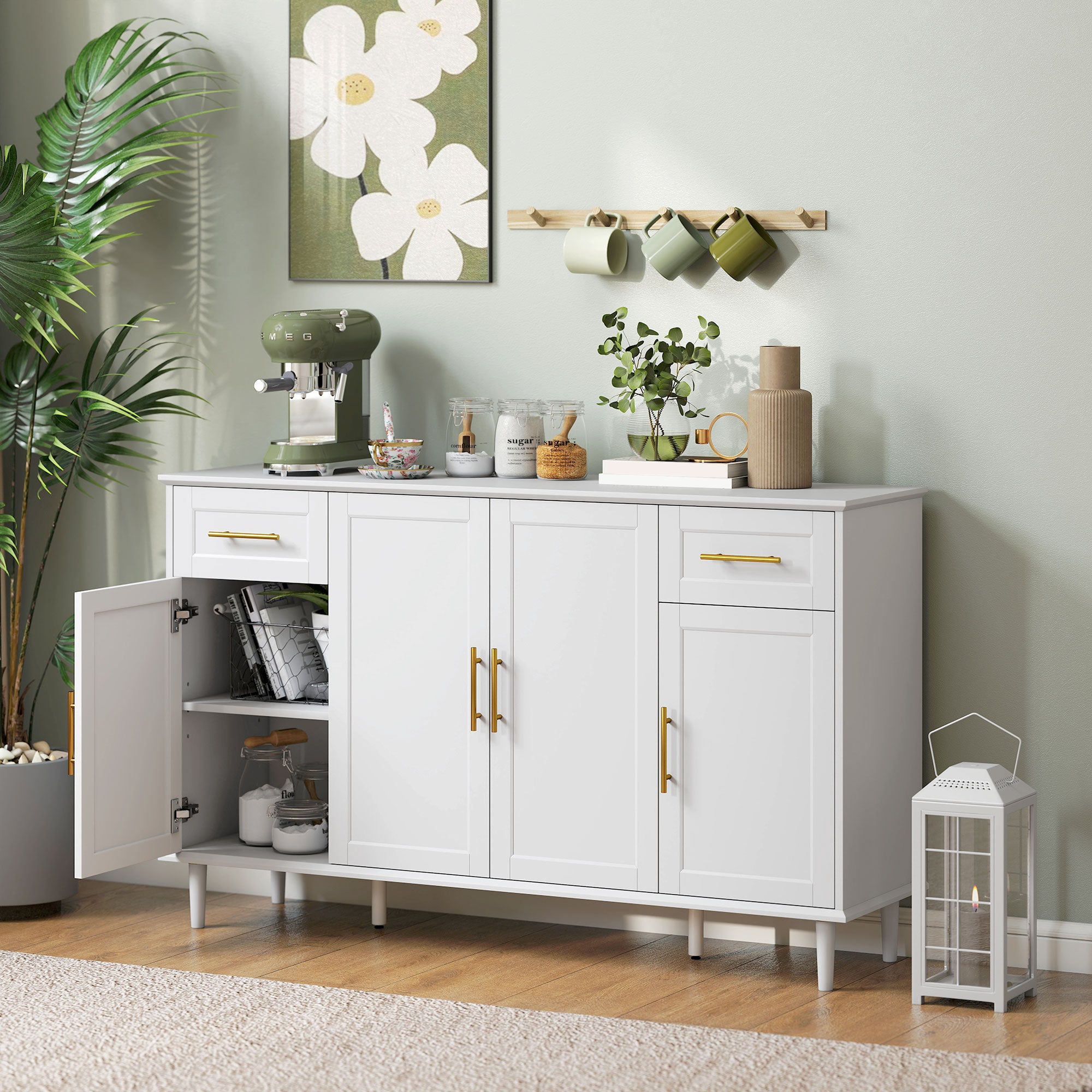 55" Buffet Cabinet with Soft-Close Doors, Modern Sideboard with 2 Drawers, 3 Adjustable Shelves and 4 Doors, White