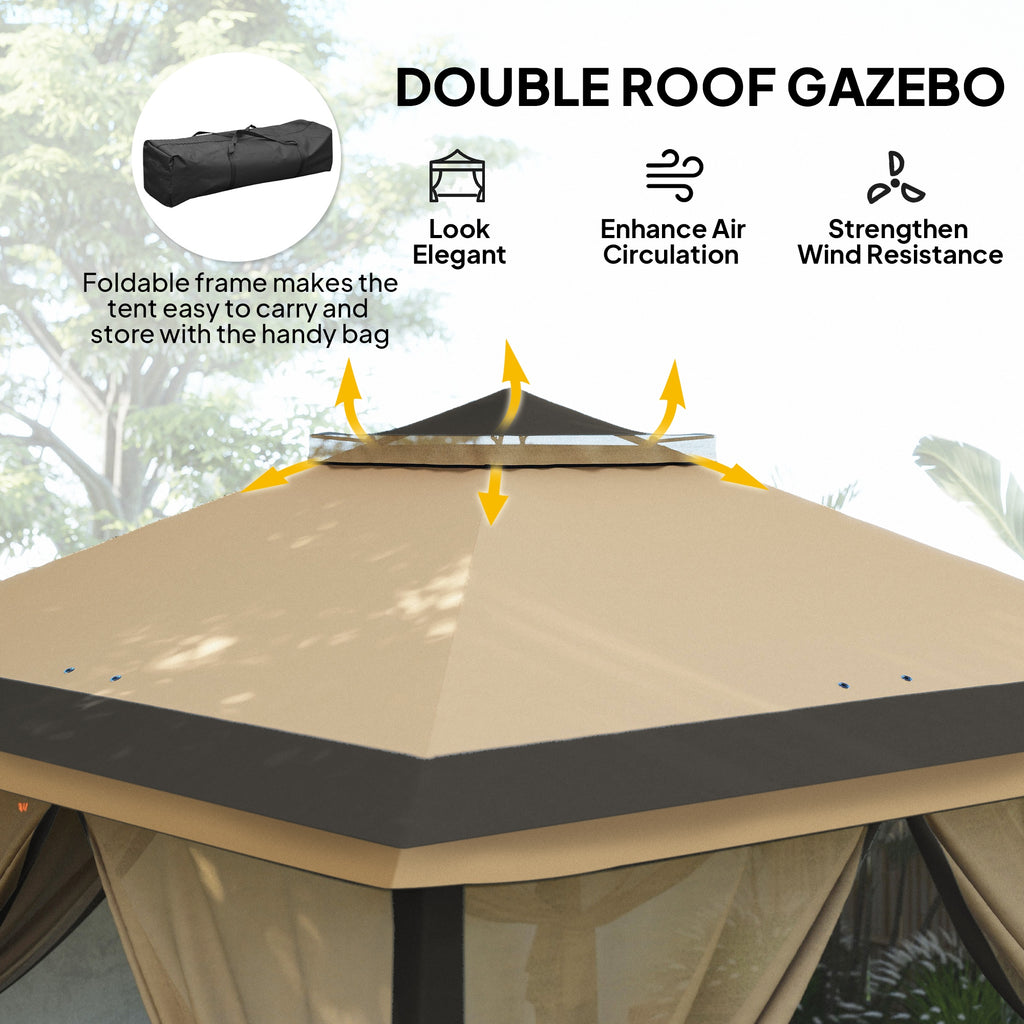 11' x 11' Pop Up Gazebo, Double Roof Foldable Height Adjustable Canopy Tent with Mesh Sidewalls, Carrying Bag, Beige